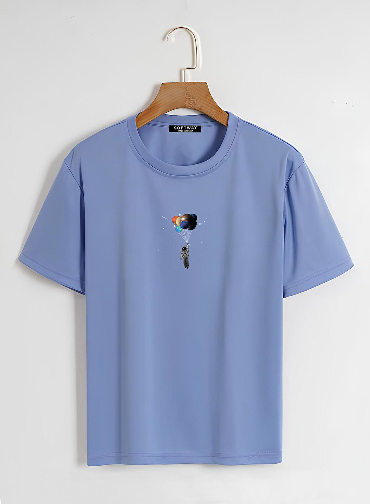 Unisex Oversize Bisiklet Yaka Balloon Astronaut Baskılı Basic T-Shirt - MAVİ