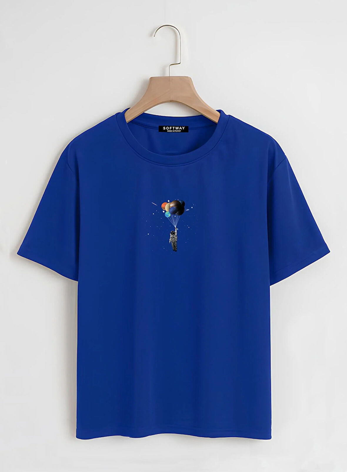 Unisex Oversize Bisiklet Yaka Balloon Astronaut Baskılı Basic T-Shirt - SAKS MAVİSİ