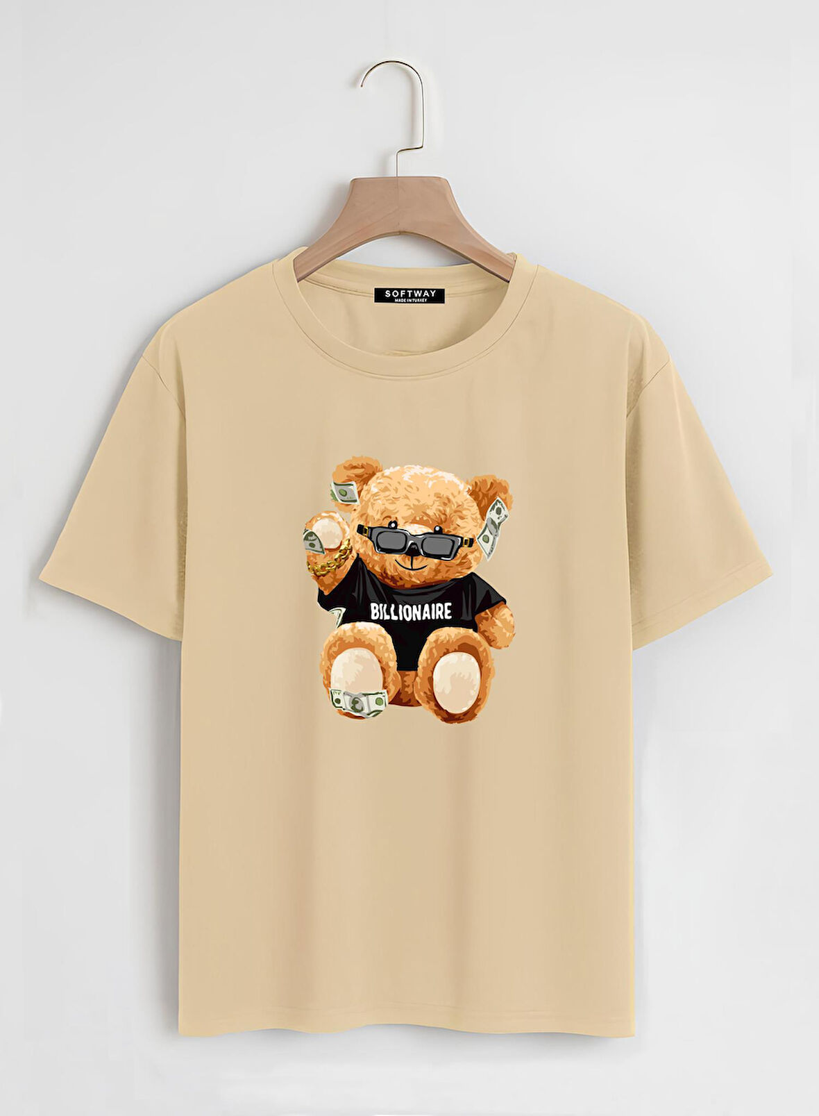 Unisex Oversize Bisiklet Yaka Billionaire Baskılı Basic T-Shirt - BEJ