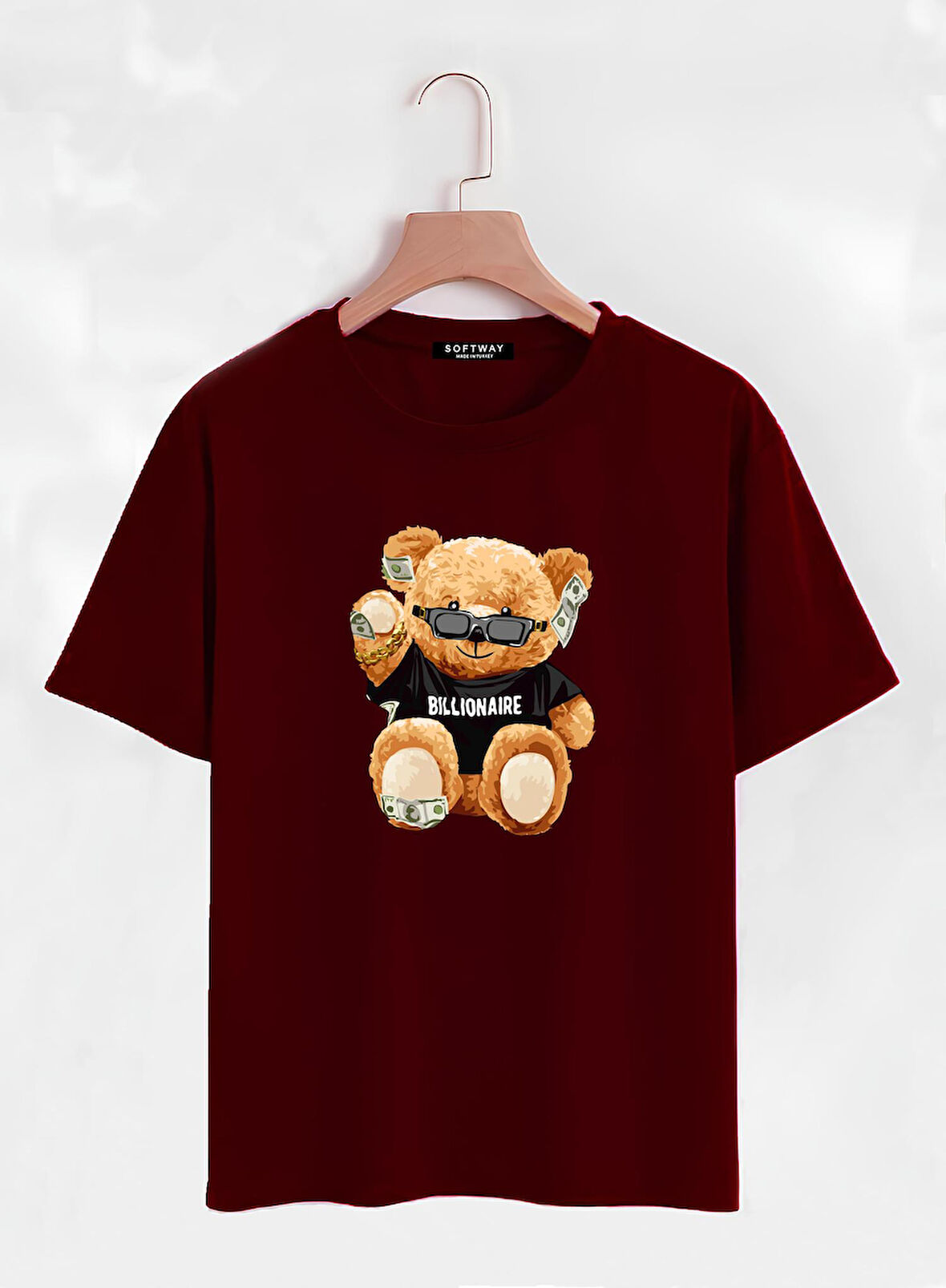 Unisex Oversize Bisiklet Yaka Billionaire Baskılı Basic T-Shirt - BORDO