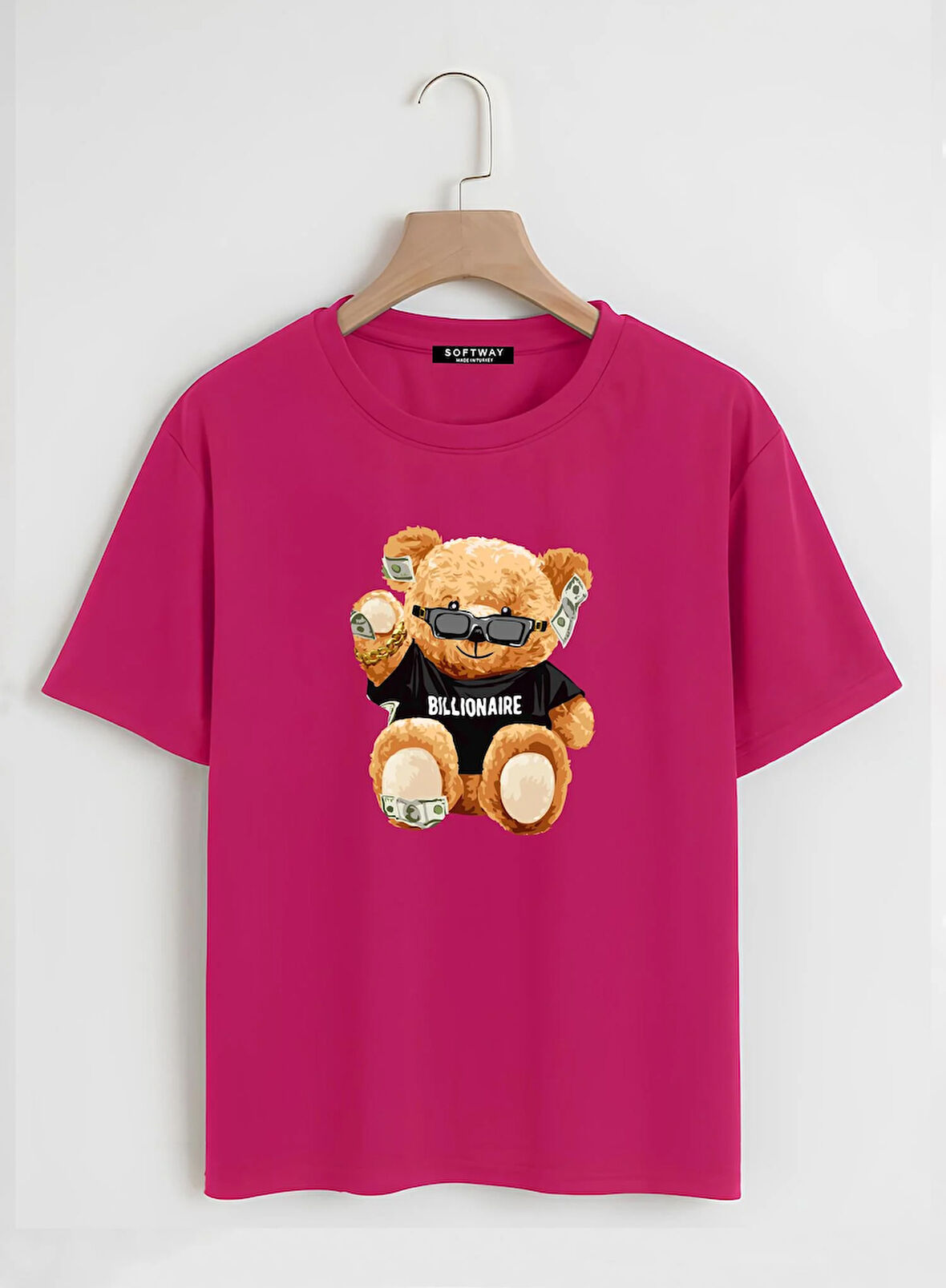 Unisex Oversize Bisiklet Yaka Billionaire Baskılı Basic T-Shirt - FUŞYA