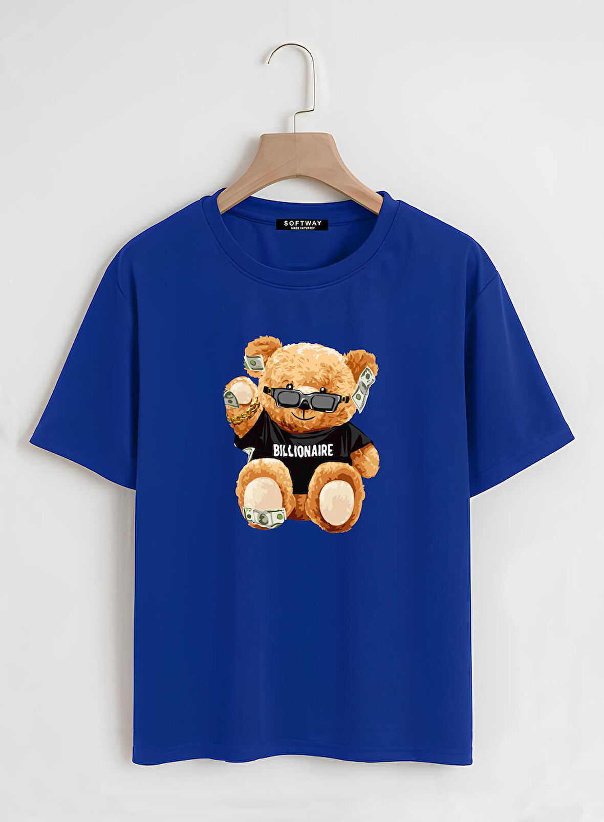 Unisex Oversize Bisiklet Yaka Billionaire Baskılı Basic T-Shirt - SAKS MAVİSİ