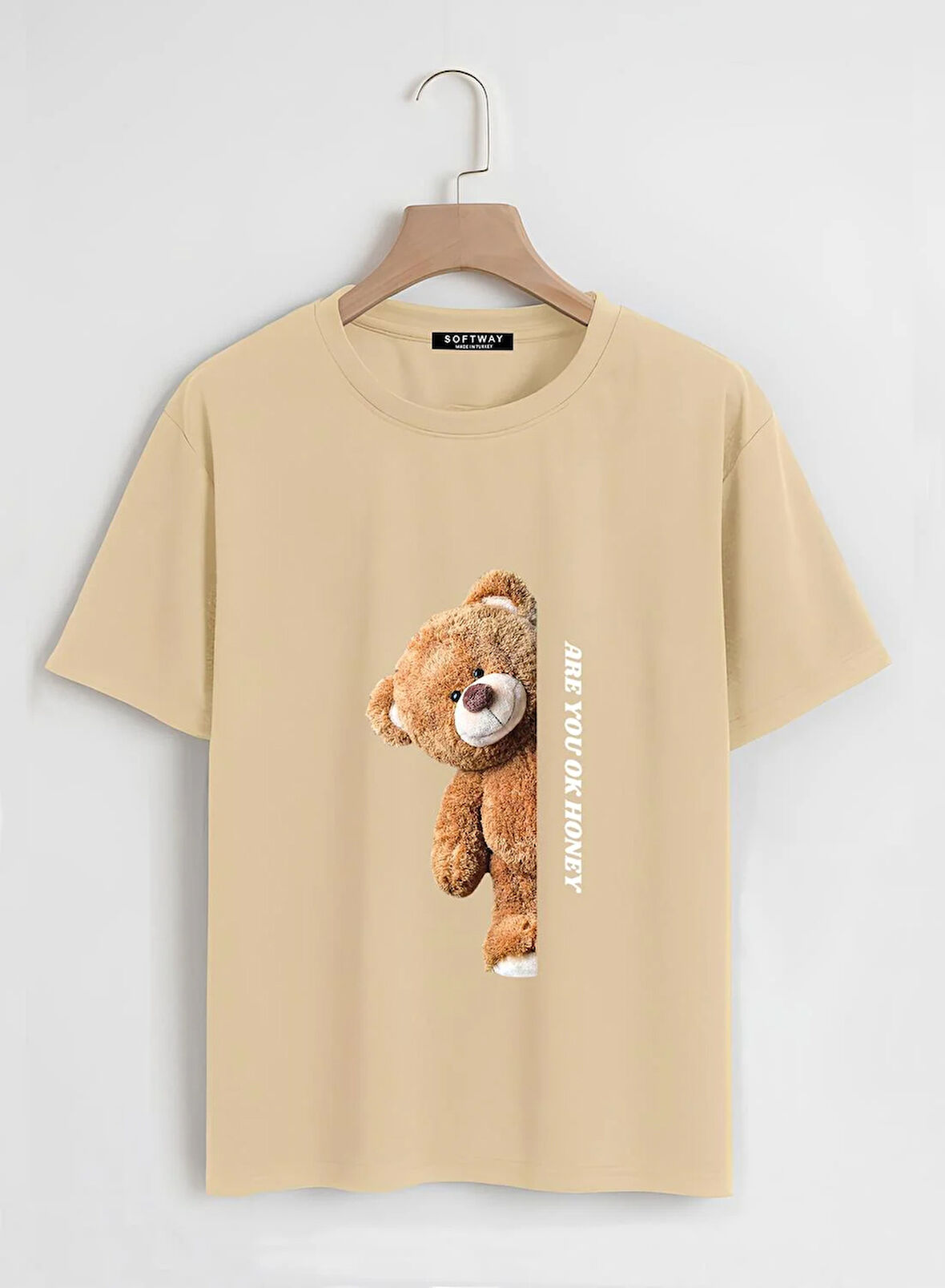 Unisex Oversize Bisiklet Yaka Are You Ok Honey Baskılı Basic T-Shirt - BEJ