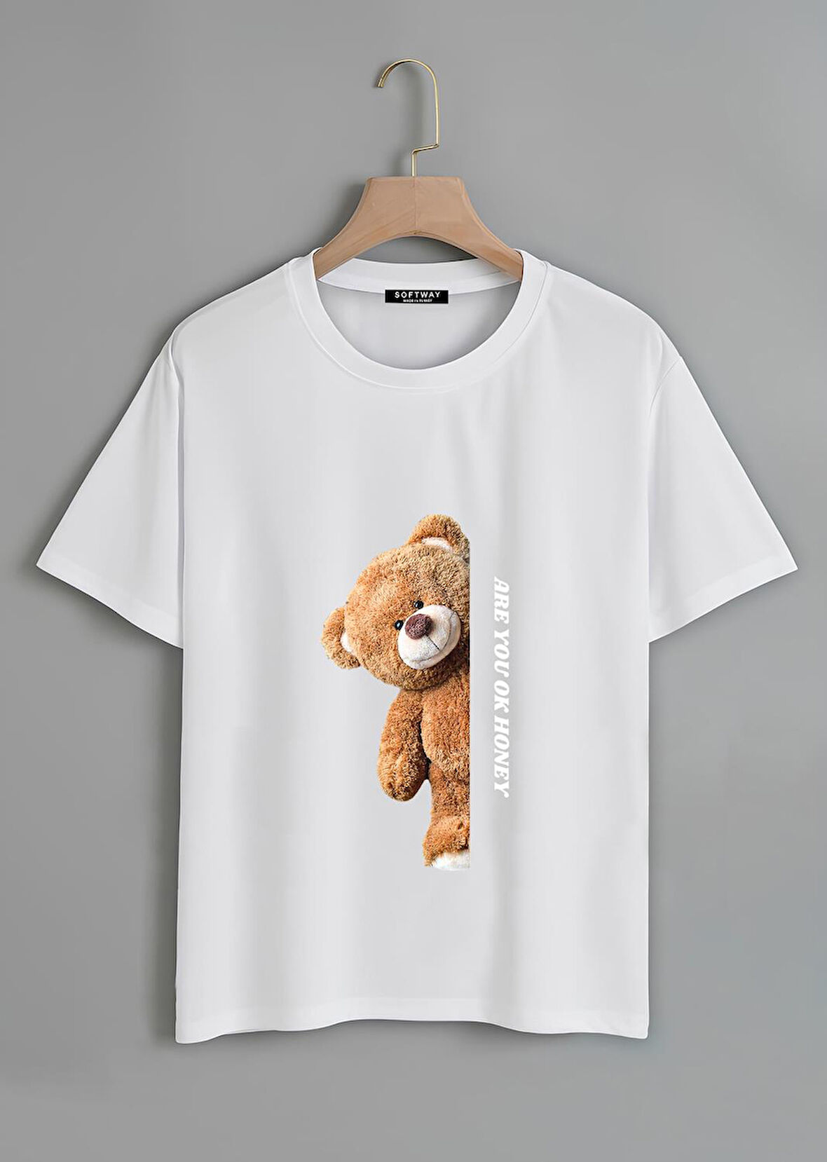 Unisex Oversize Bisiklet Yaka Are You Ok Honey Baskılı Basic T-Shirt - BEYAZ