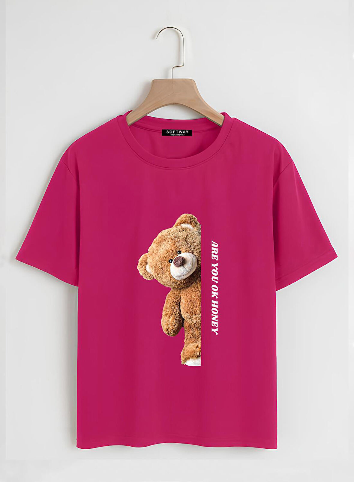 Unisex Oversize Bisiklet Yaka Are You Ok Honey Baskılı Basic T-Shirt - FUŞYA