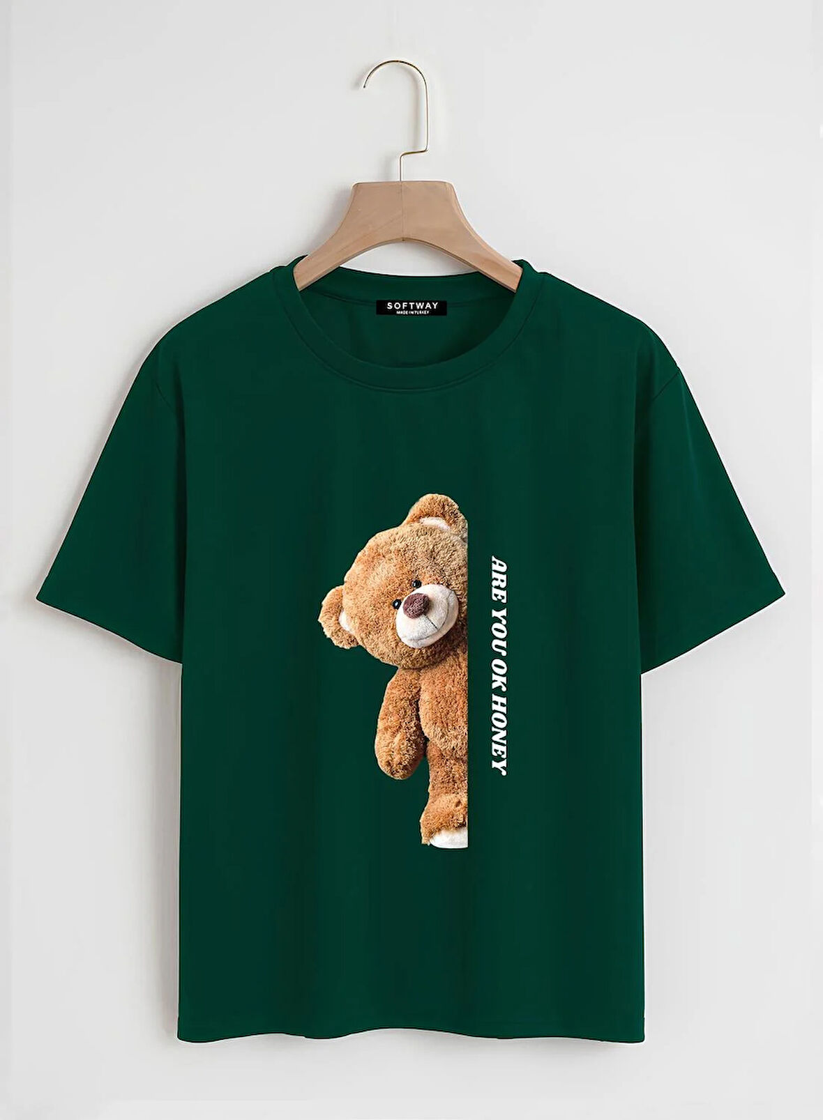Unisex Oversize Bisiklet Yaka Are You Ok Honey Baskılı Basic T-Shirt - KOYU YEŞİL