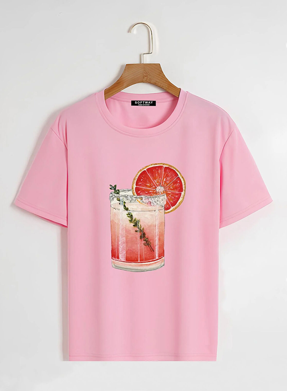 Unisex Oversize Bisiklet Yaka Orange Cocktail Baskılı Basic T-Shirt - PEMBE