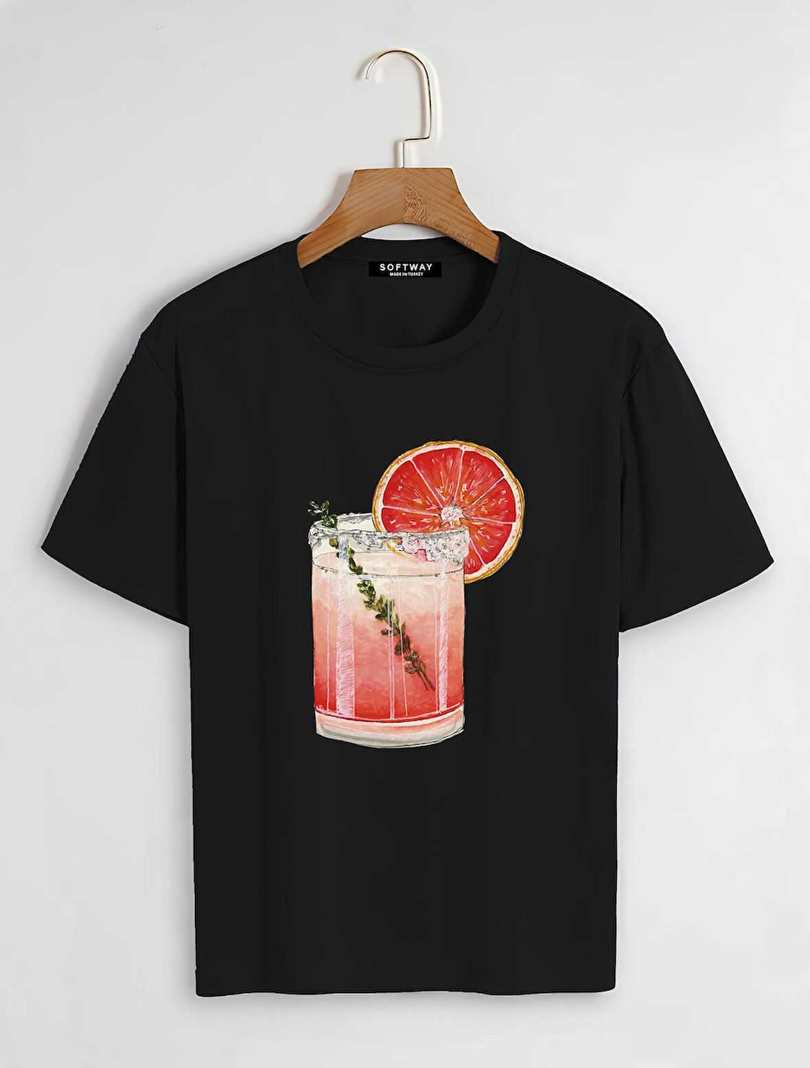 Unisex Oversize Bisiklet Yaka Orange Cocktail Baskılı Basic T-Shirt - SİYAH