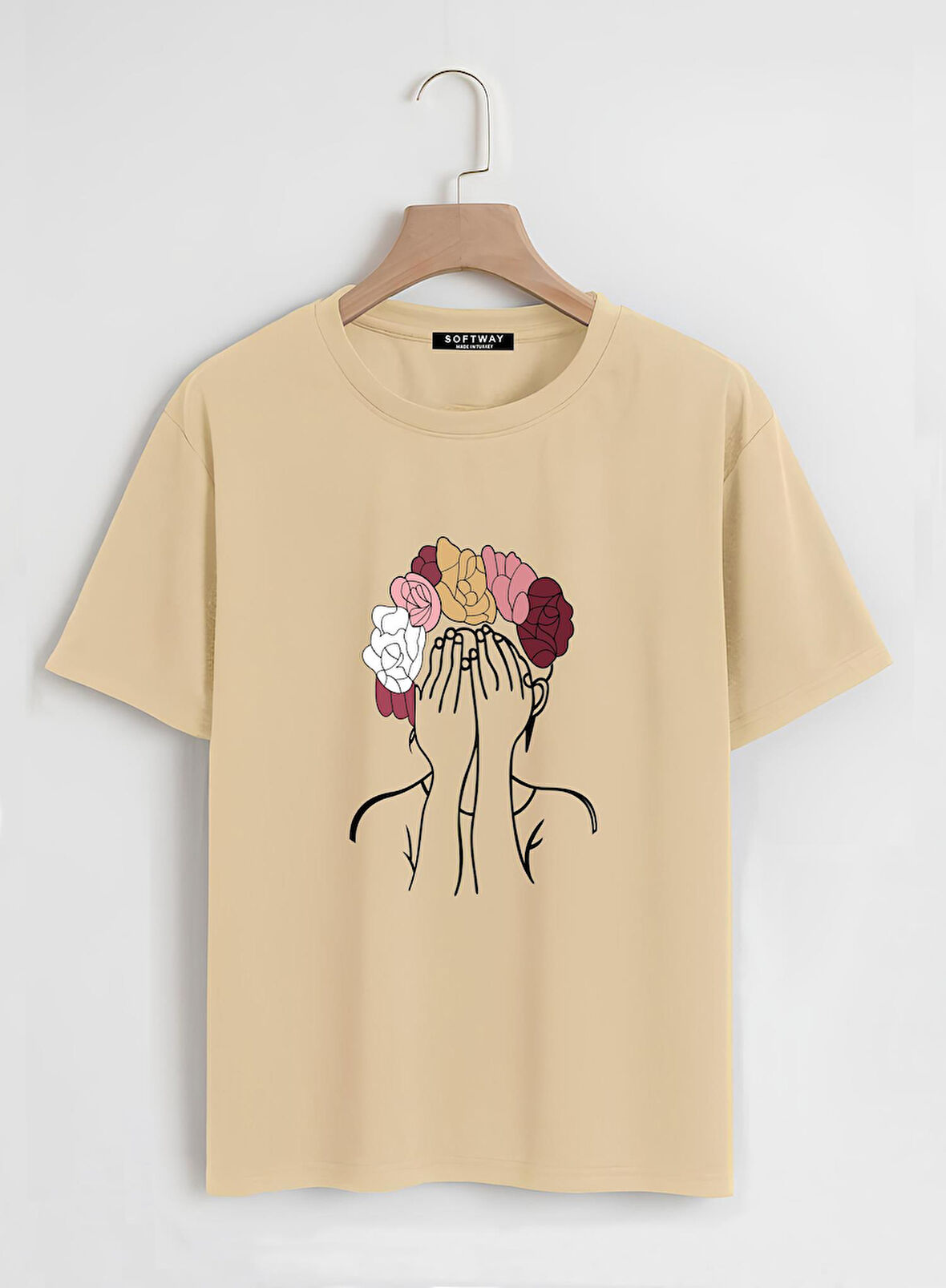 Unisex Oversize Bisiklet Yaka Colorful Hair Baskılı Basic T-Shirt - BEJ