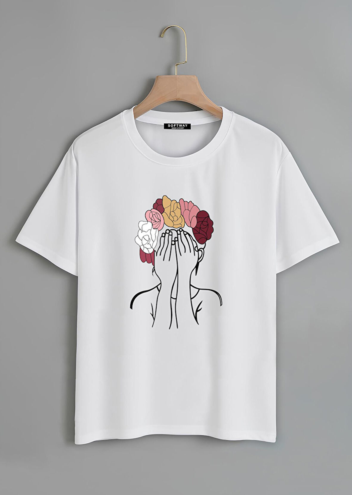 Unisex Oversize Bisiklet Yaka Colorful Hair Baskılı Basic T-Shirt - BEYAZ