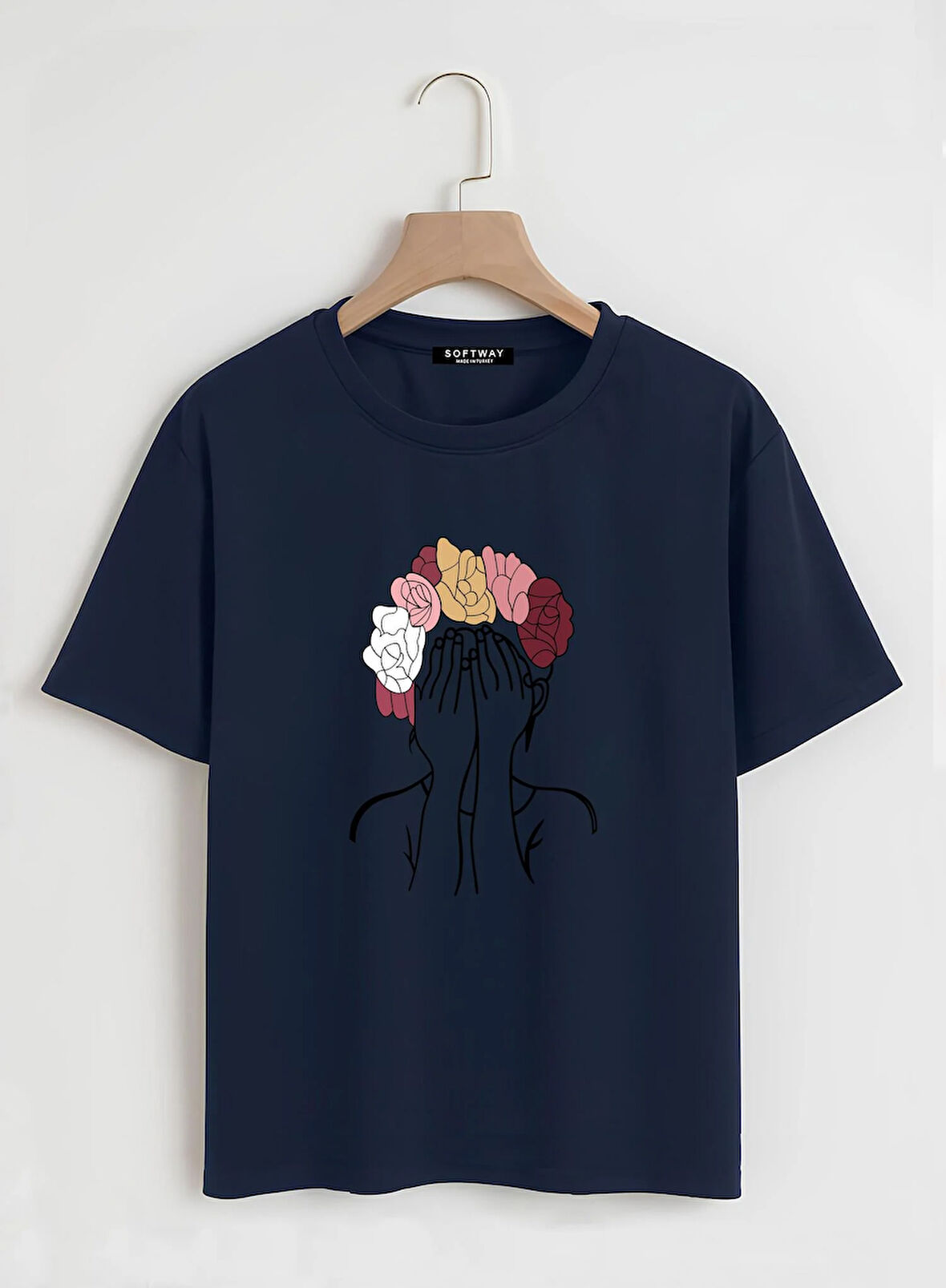 Unisex Oversize Bisiklet Yaka Colorful Hair Baskılı Basic T-Shirt - LACİVERT