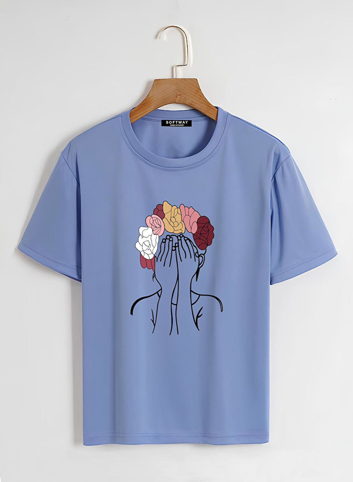 Unisex Oversize Bisiklet Yaka Colorful Hair Baskılı Basic T-Shirt - MAVİ