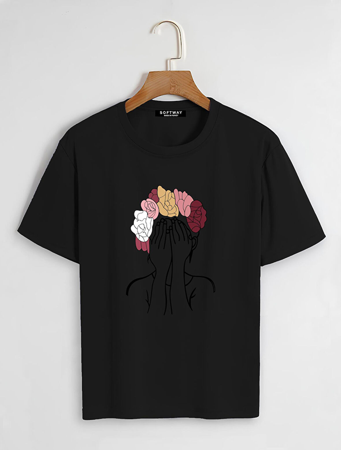 Unisex Oversize Bisiklet Yaka Colorful Hair Baskılı Basic T-Shirt - SİYAH