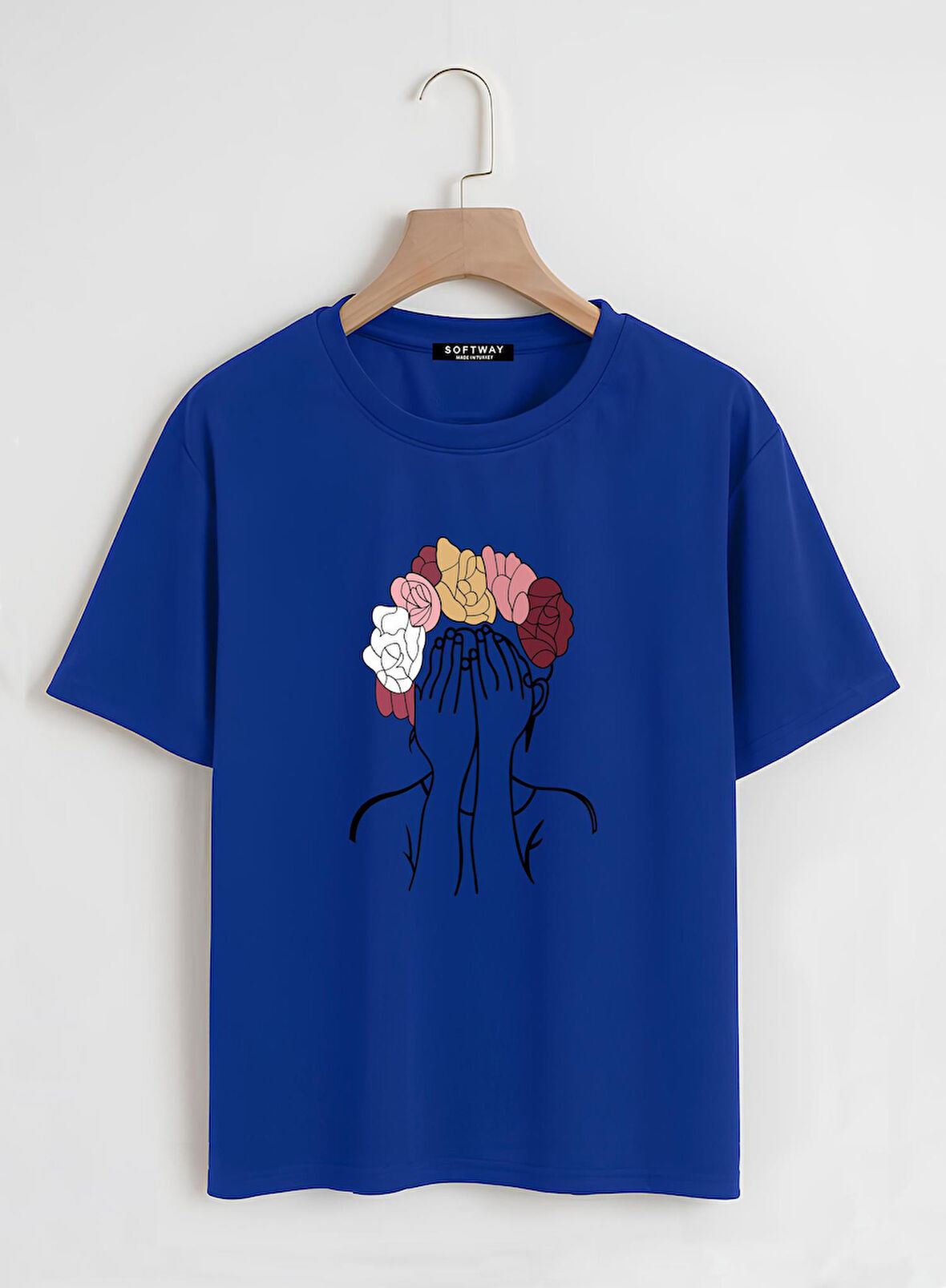 Unisex Oversize Bisiklet Yaka Colorful Hair Baskılı Basic T-Shirt - SAKS MAVİSİ