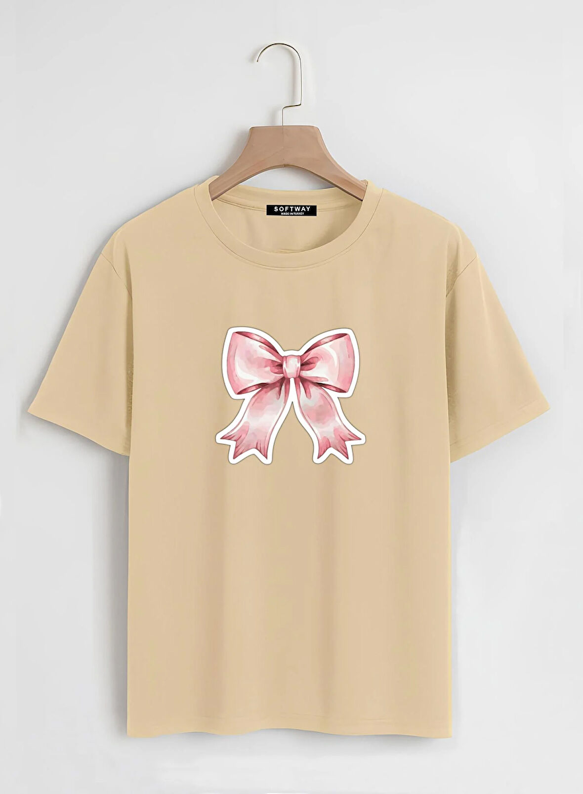 Unisex Oversize Bisiklet Yaka Powder Pink Ribbon Baskılı Basic T-Shirt - BEJ