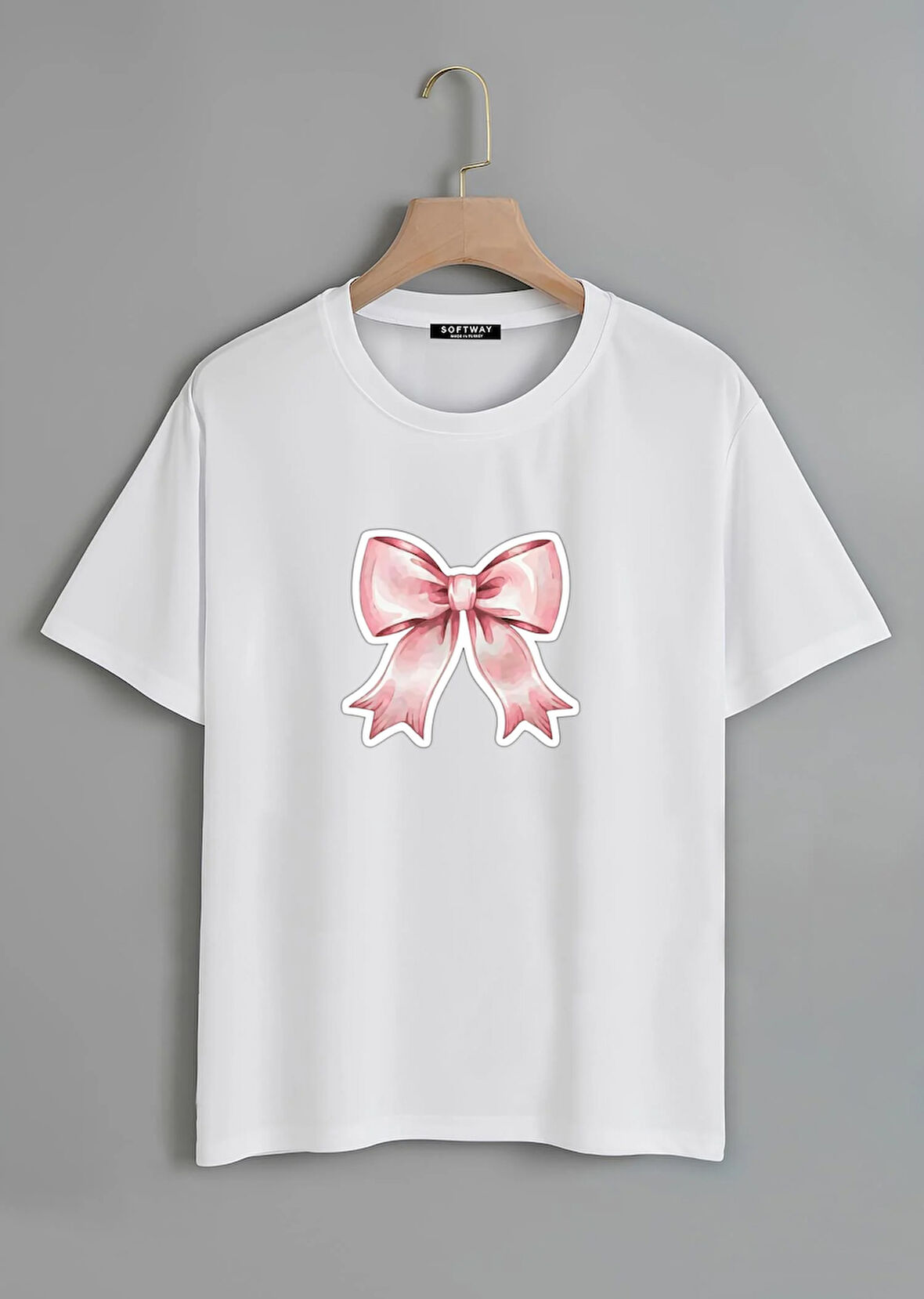 Unisex Oversize Bisiklet Yaka Powder Pink Ribbon Baskılı Basic T-Shirt - BEYAZ
