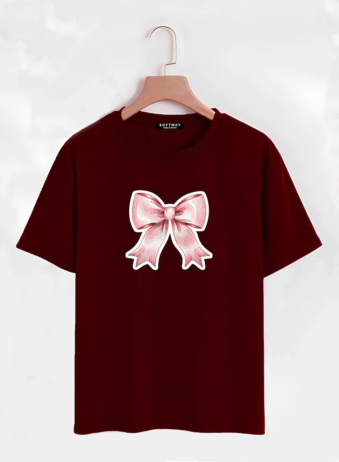 Unisex Oversize Bisiklet Yaka Powder Pink Ribbon Baskılı Basic T-Shirt - BORDO