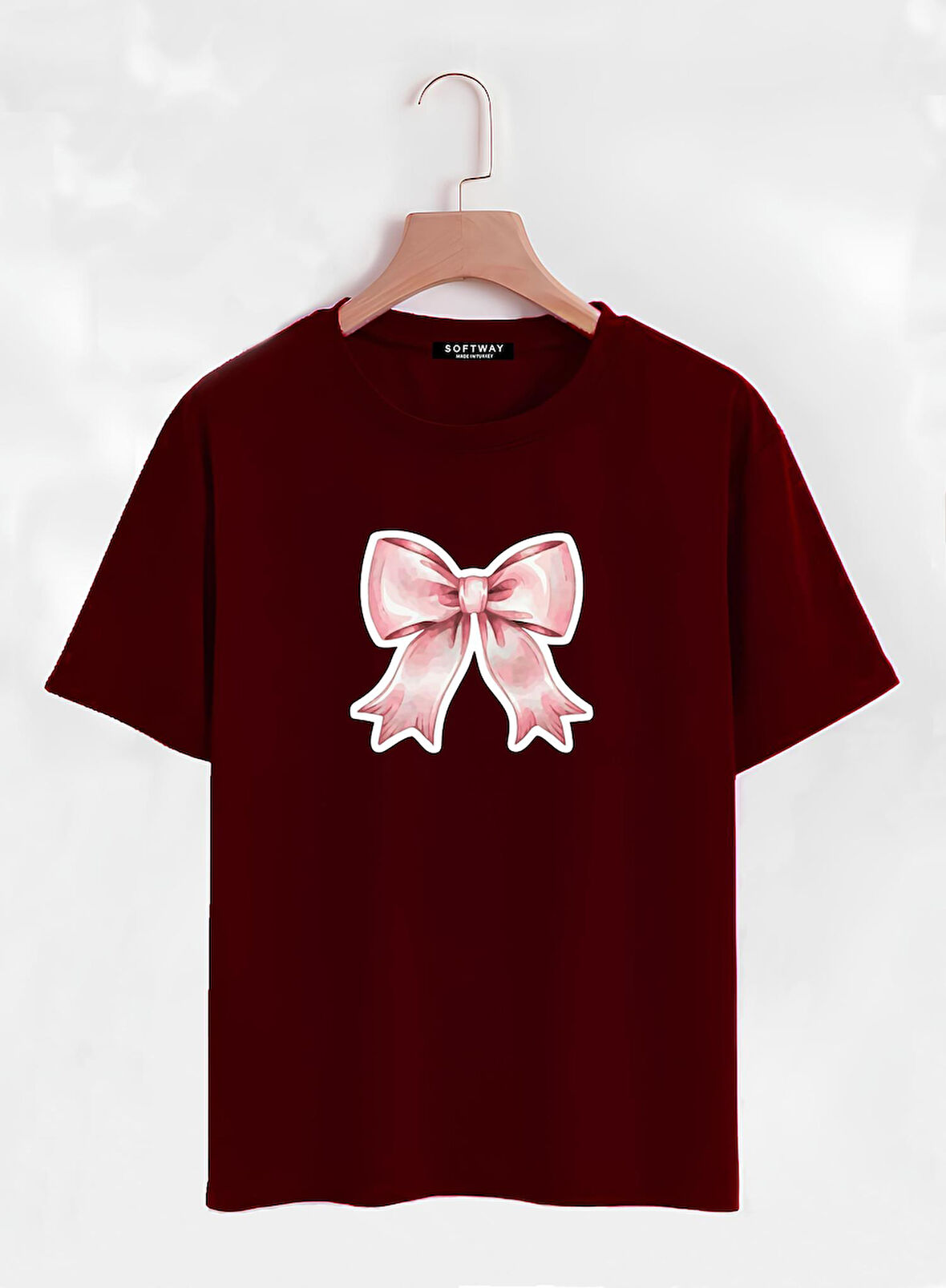 Unisex Oversize Bisiklet Yaka Powder Pink Ribbon Baskılı Basic T-Shirt - BORDO