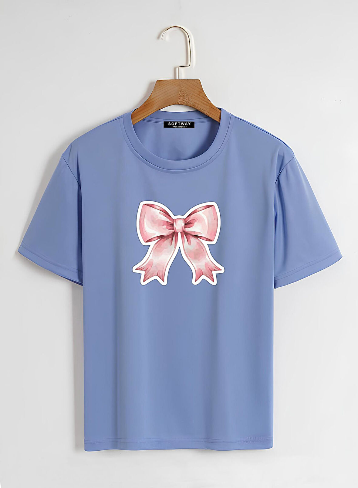 Unisex Oversize Bisiklet Yaka Powder Pink Ribbon Baskılı Basic T-Shirt - MAVİ