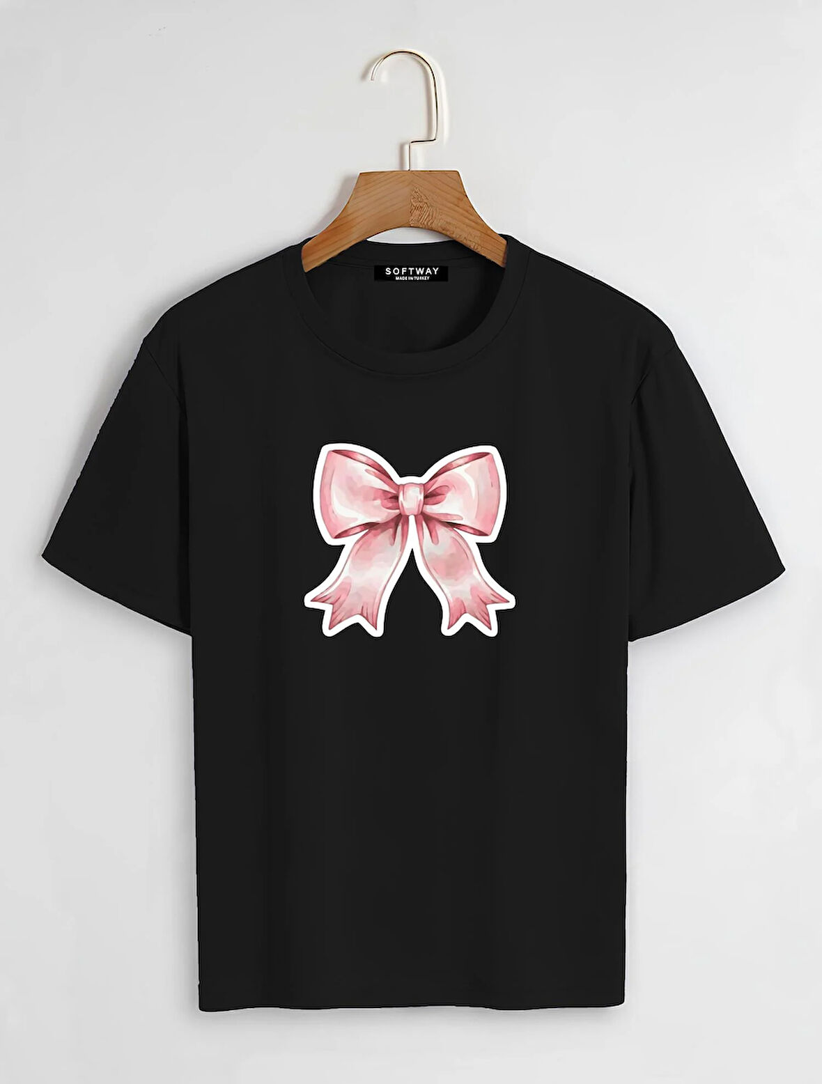 Unisex Oversize Bisiklet Yaka Powder Pink Ribbon Baskılı Basic T-Shirt - SİYAH