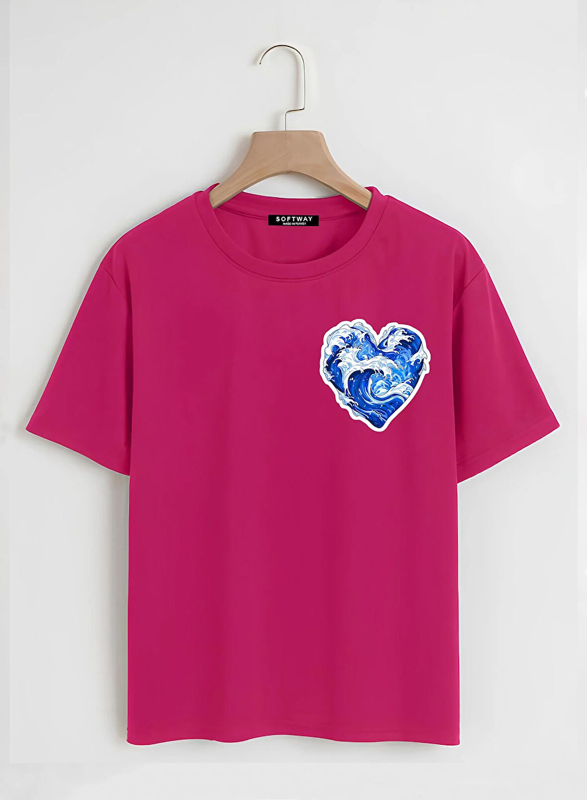 Unisex Oversize Bisiklet Yaka Ocean Heart Baskılı Basic T-Shirt - FUŞYA