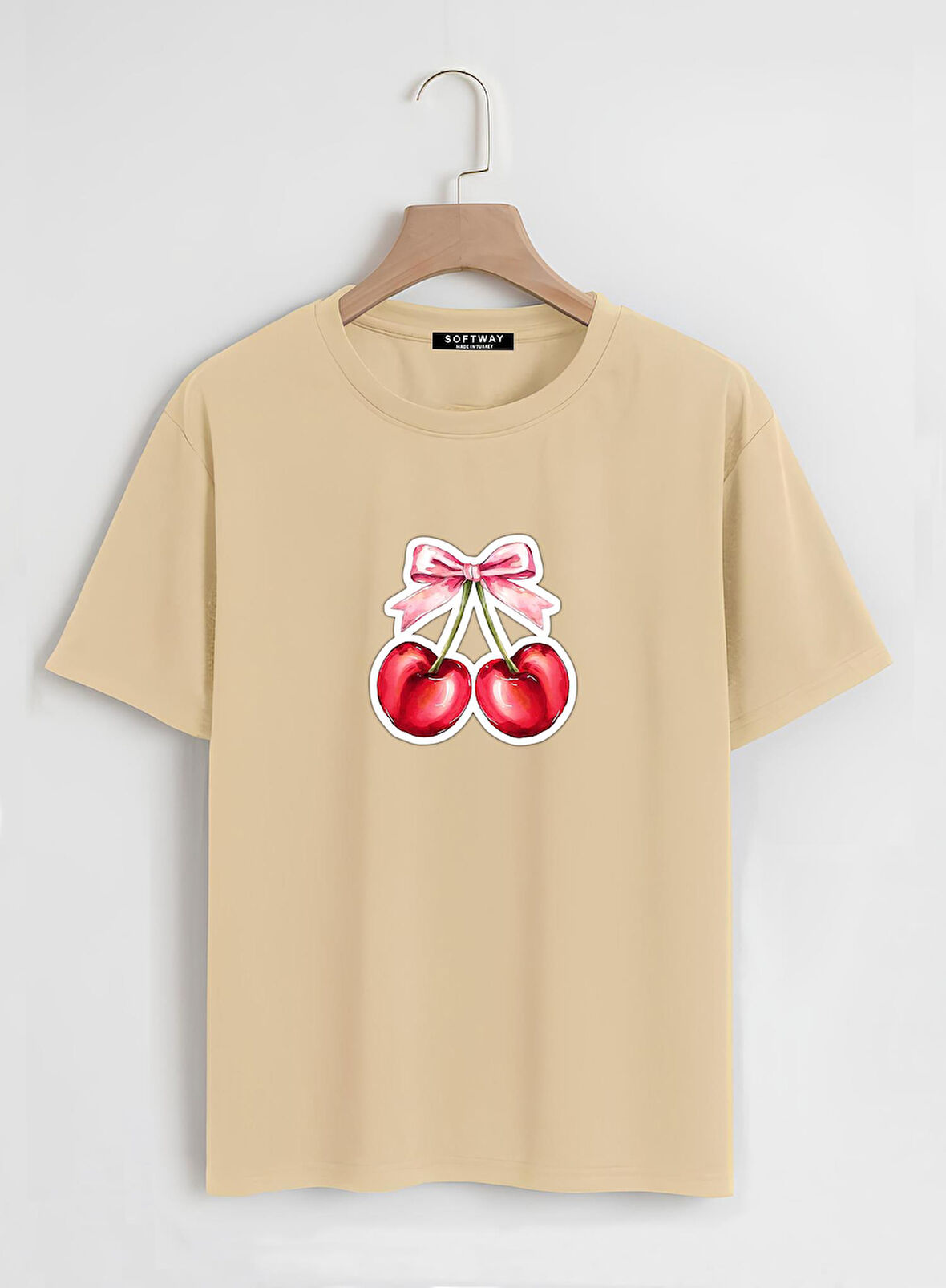 Unisex Oversize Bisiklet Yaka Ribbon Cherry Baskılı Basic T-Shirt - BEJ