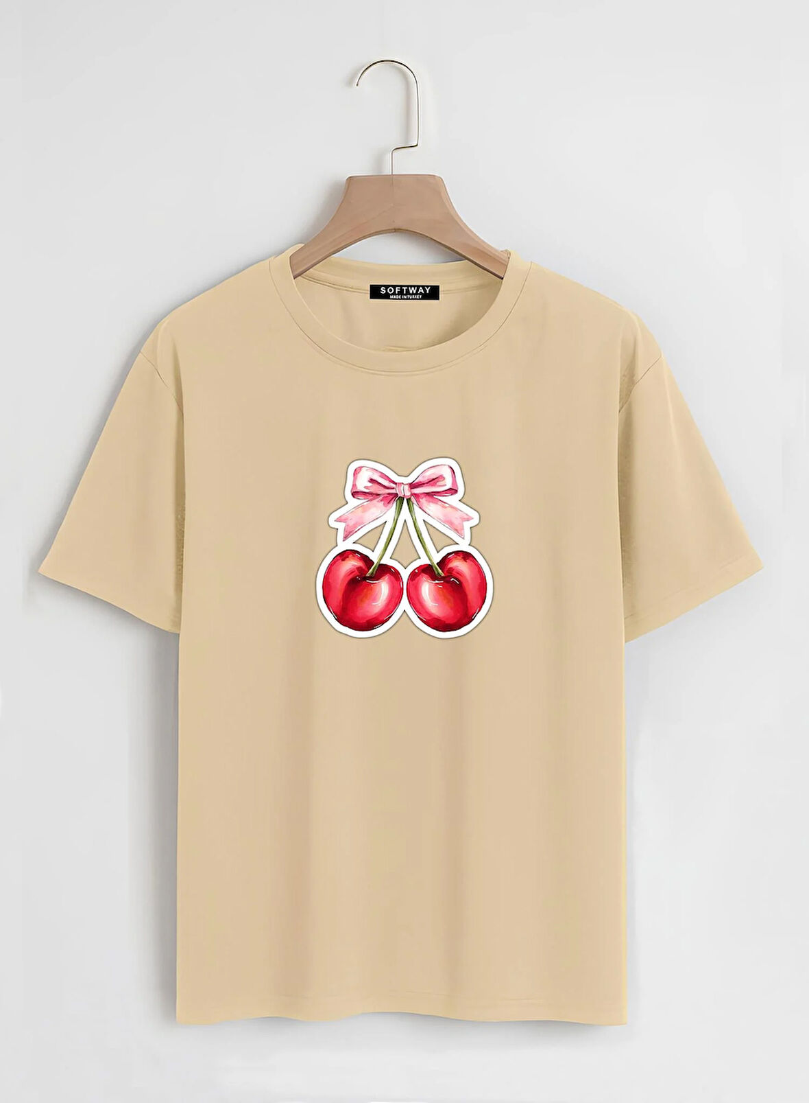 Unisex Oversize Bisiklet Yaka Ribbon Cherry Baskılı Basic T-Shirt - BEJ