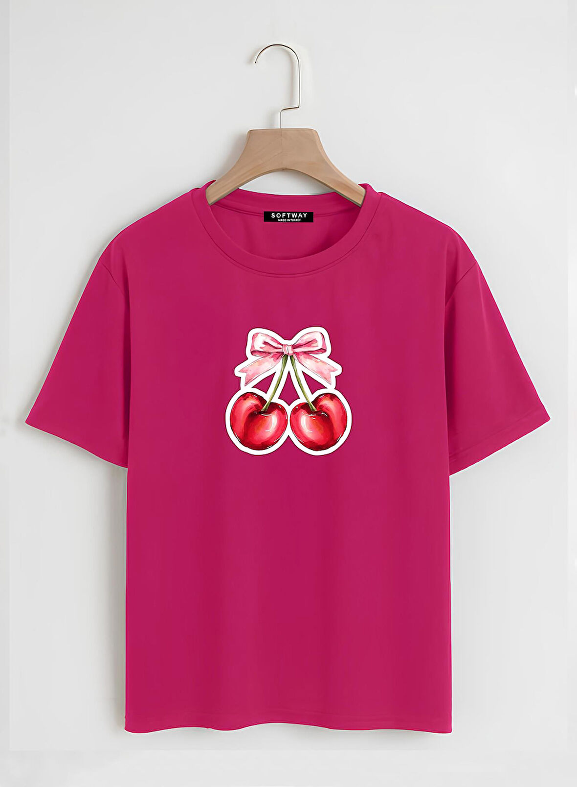 Unisex Oversize Bisiklet Yaka Ribbon Cherry Baskılı Basic T-Shirt - FUŞYA