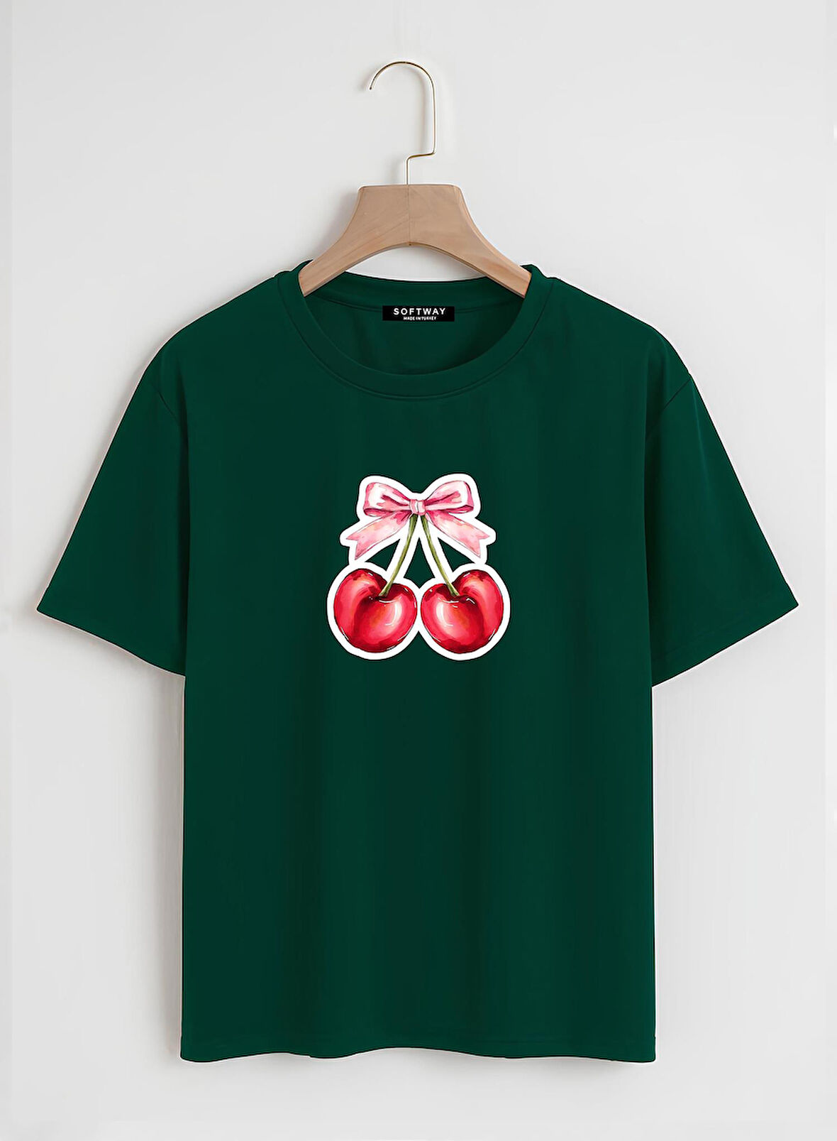 Unisex Oversize Bisiklet Yaka Ribbon Cherry Baskılı Basic T-Shirt - KOYU YEŞİL