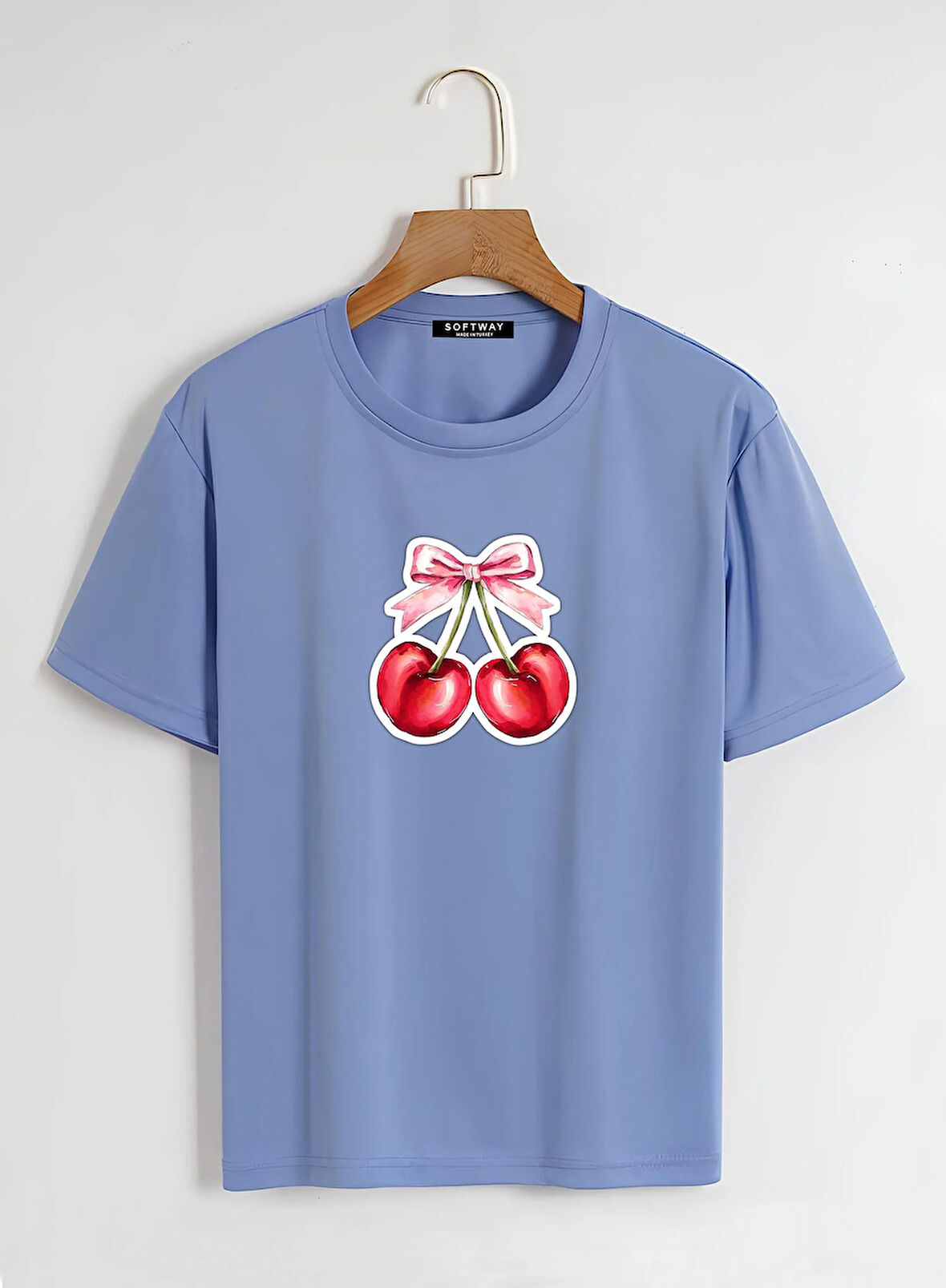 Unisex Oversize Bisiklet Yaka Ribbon Cherry Baskılı Basic T-Shirt - MAVİ