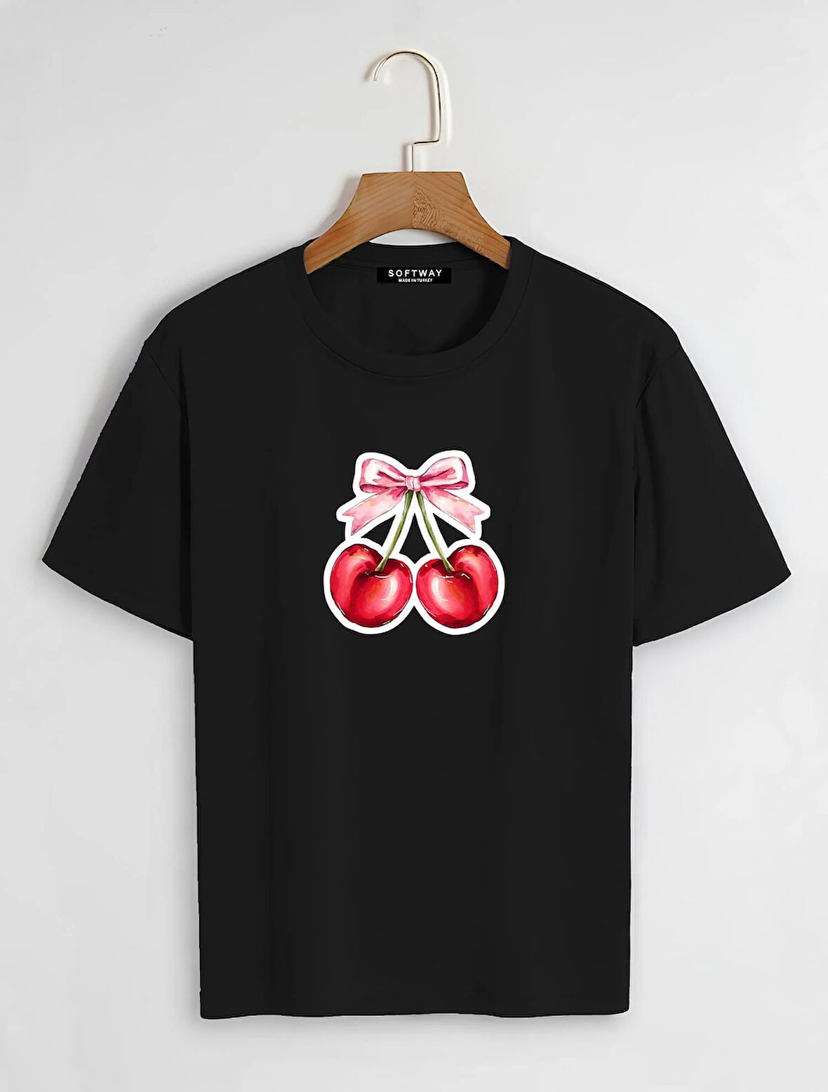 Unisex Oversize Bisiklet Yaka Ribbon Cherry Baskılı Basic T-Shirt - SİYAH