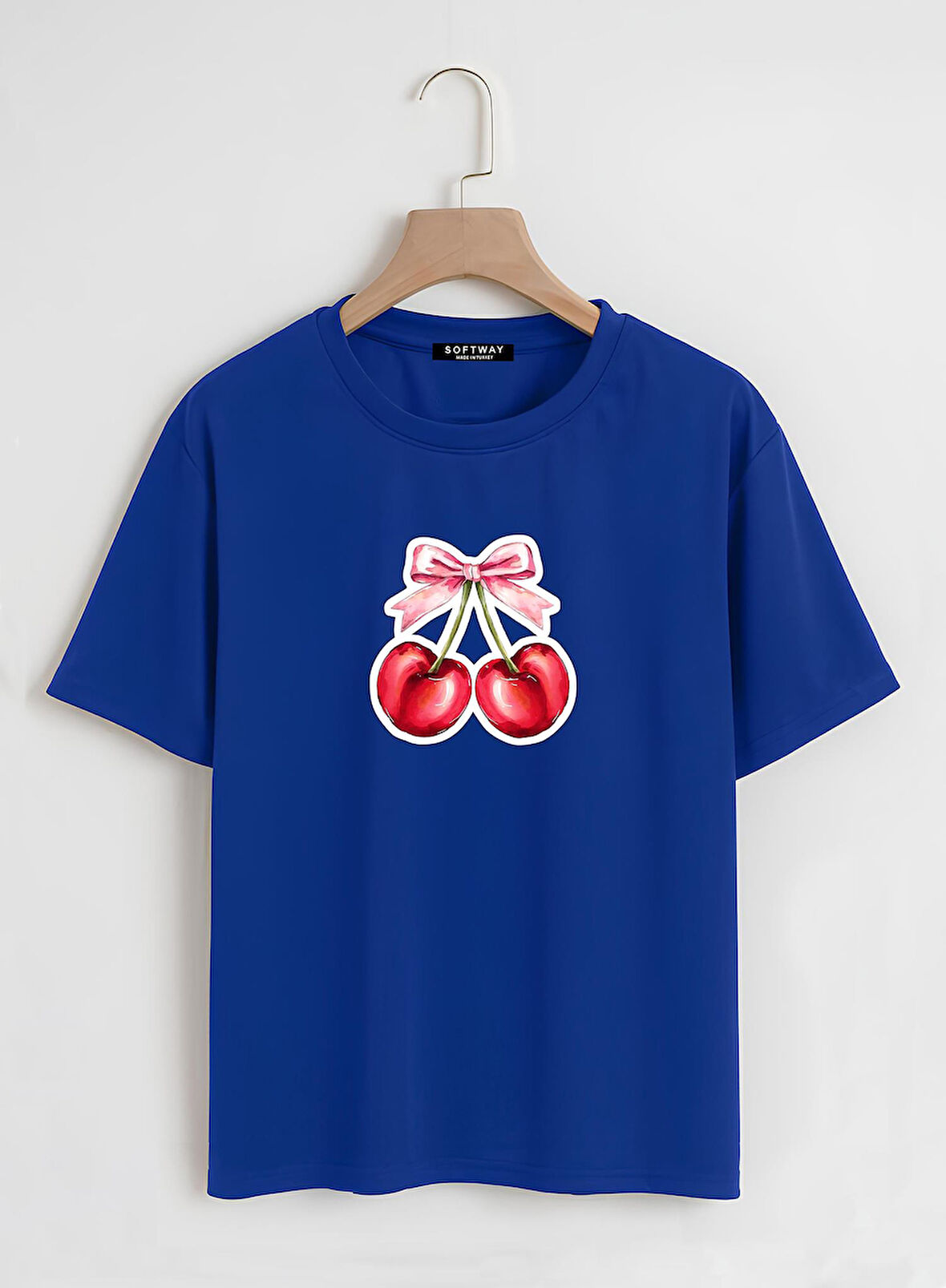 Unisex Oversize Bisiklet Yaka Ribbon Cherry Baskılı Basic T-Shirt - SAKS MAVİSİ