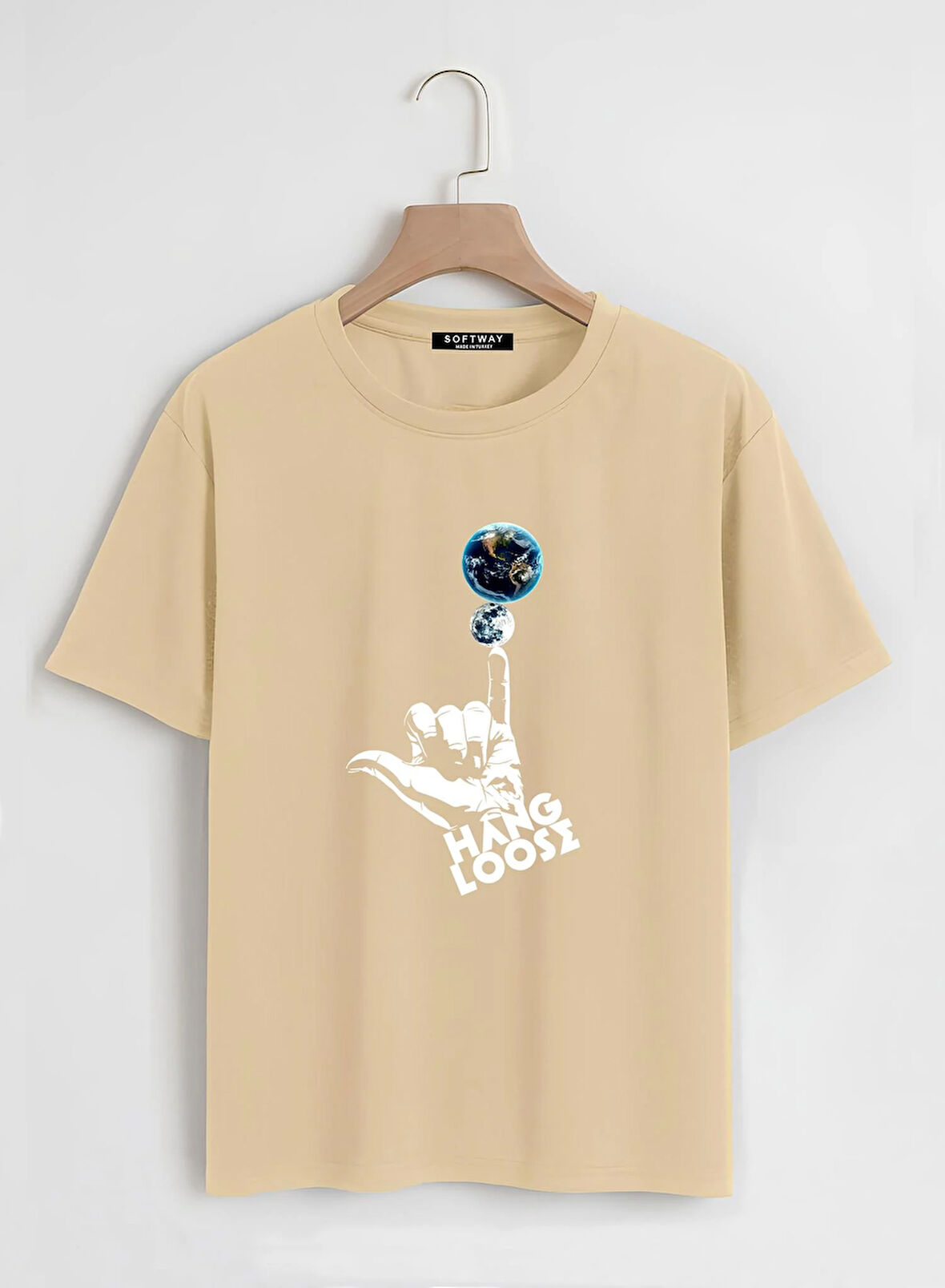 Unisex Oversize Bisiklet Yaka Hang Loose Baskılı Basic T-Shirt - BEJ