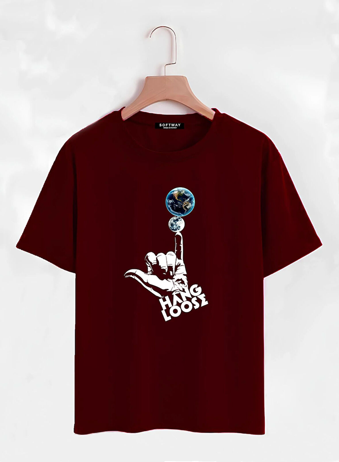 Unisex Oversize Bisiklet Yaka Hang Loose Baskılı Basic T-Shirt - BORDO