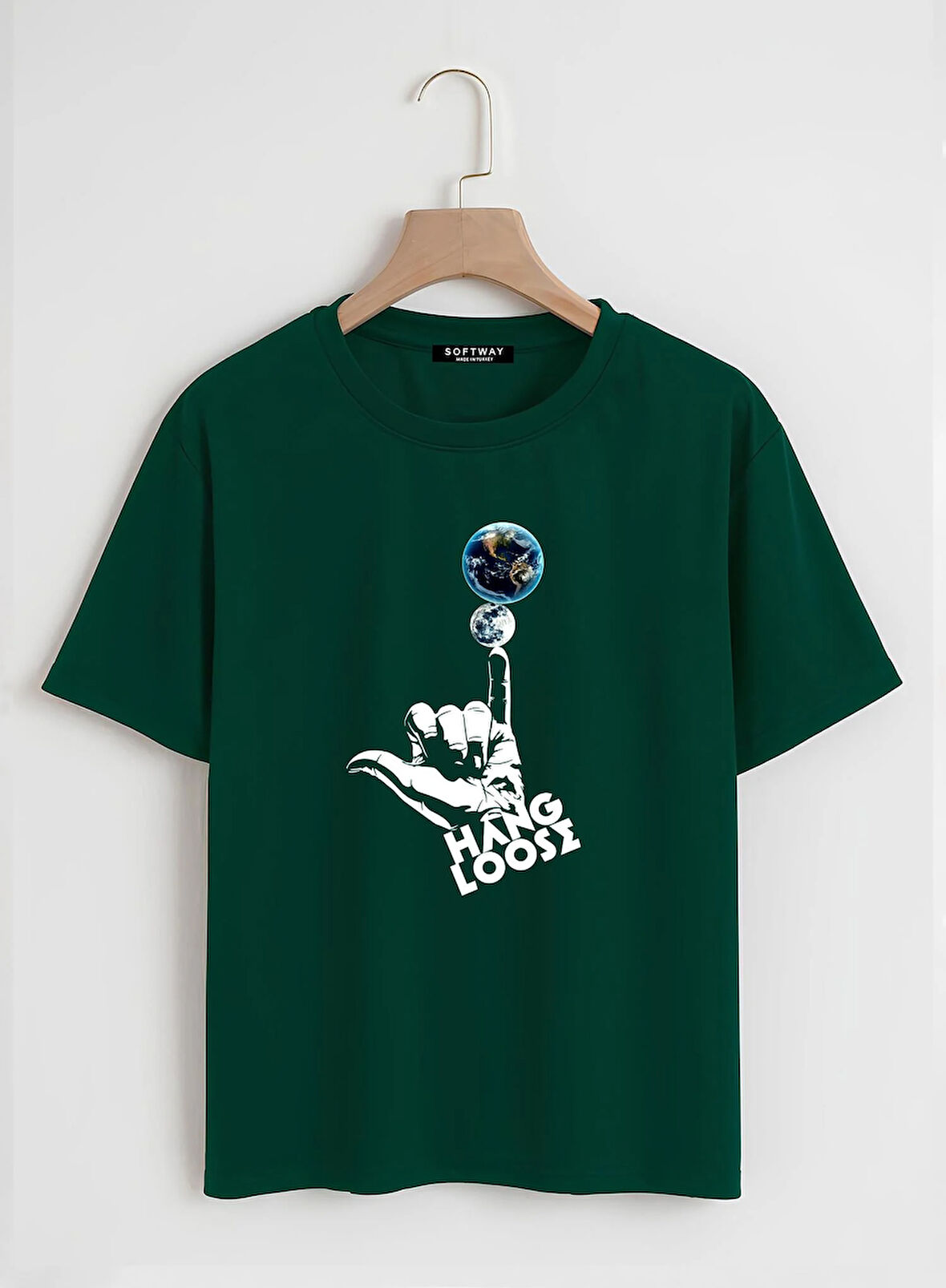 Unisex Oversize Bisiklet Yaka Hang Loose Baskılı Basic T-Shirt - KOYU YEŞİL