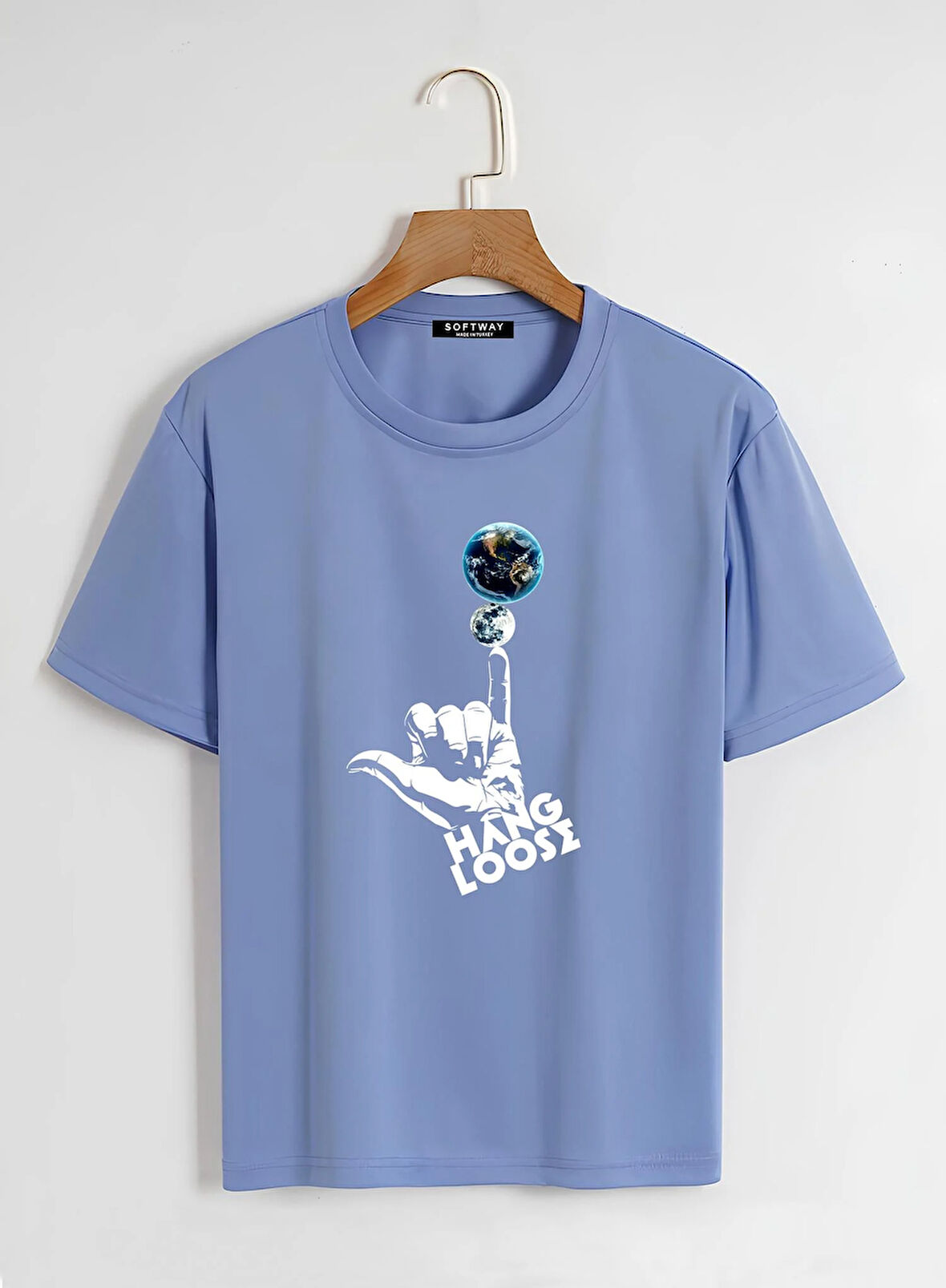 Unisex Oversize Bisiklet Yaka Hang Loose Baskılı Basic T-Shirt - MAVİ