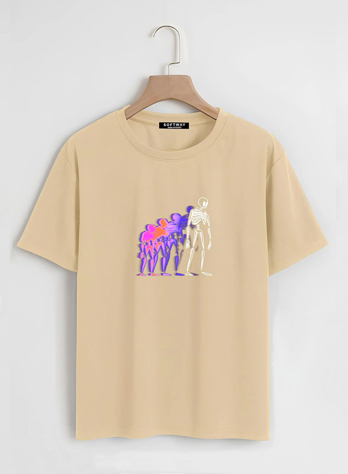 Unisex Oversize Bisiklet Yaka Colorful Skeleton Baskılı Basic T-Shirt - BEJ