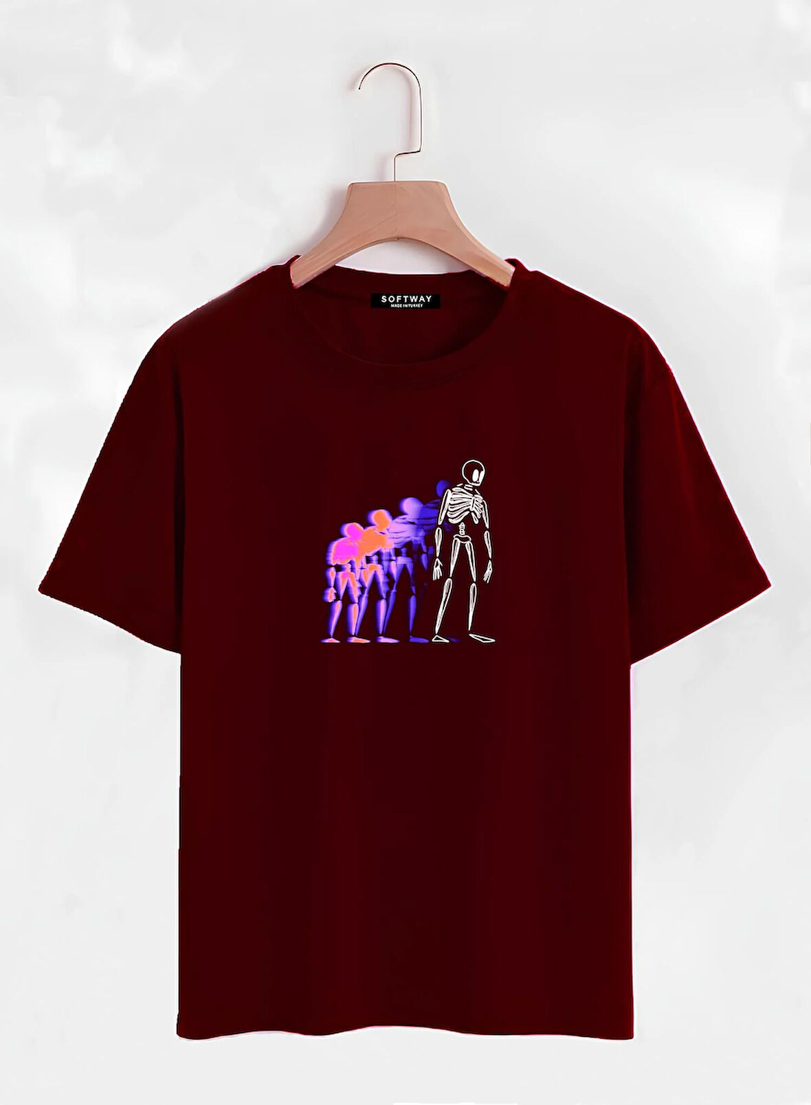 Unisex Oversize Bisiklet Yaka Colorful Skeleton Baskılı Basic T-Shirt - BORDO