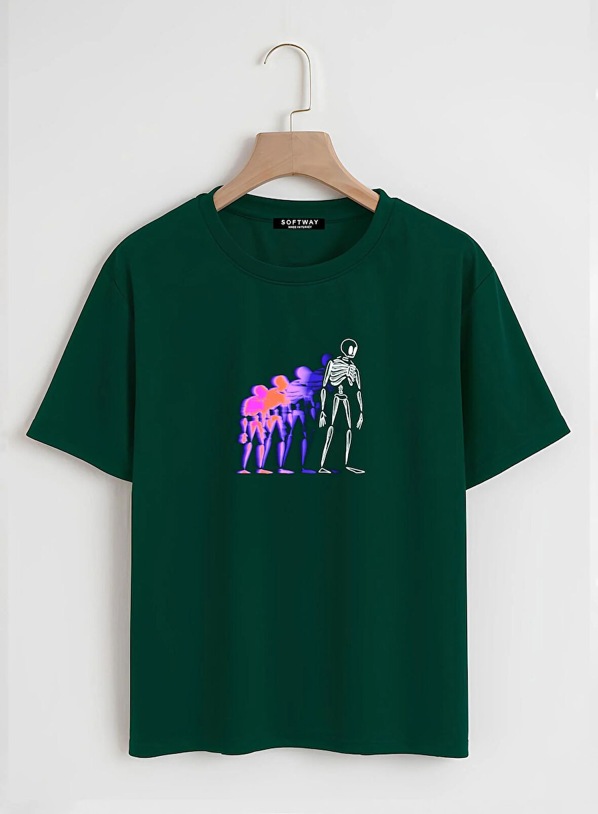 Unisex Oversize Bisiklet Yaka Colorful Skeleton Baskılı Basic T-Shirt - KOYU YEŞİL
