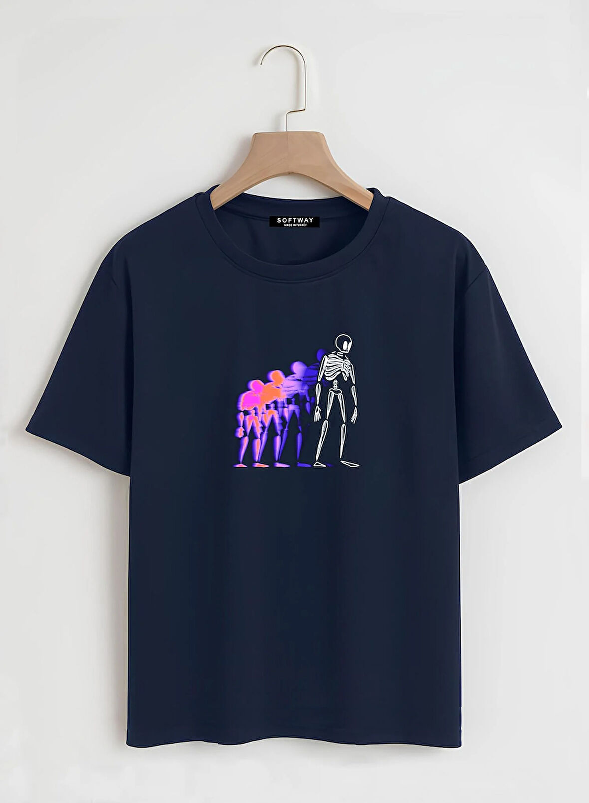 Unisex Oversize Bisiklet Yaka Colorful Skeleton Baskılı Basic T-Shirt - LACİVERT