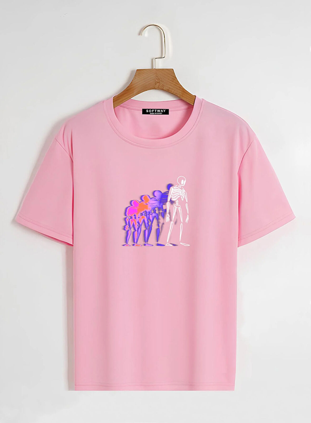 Unisex Oversize Bisiklet Yaka Colorful Skeleton Baskılı Basic T-Shirt - PEMBE