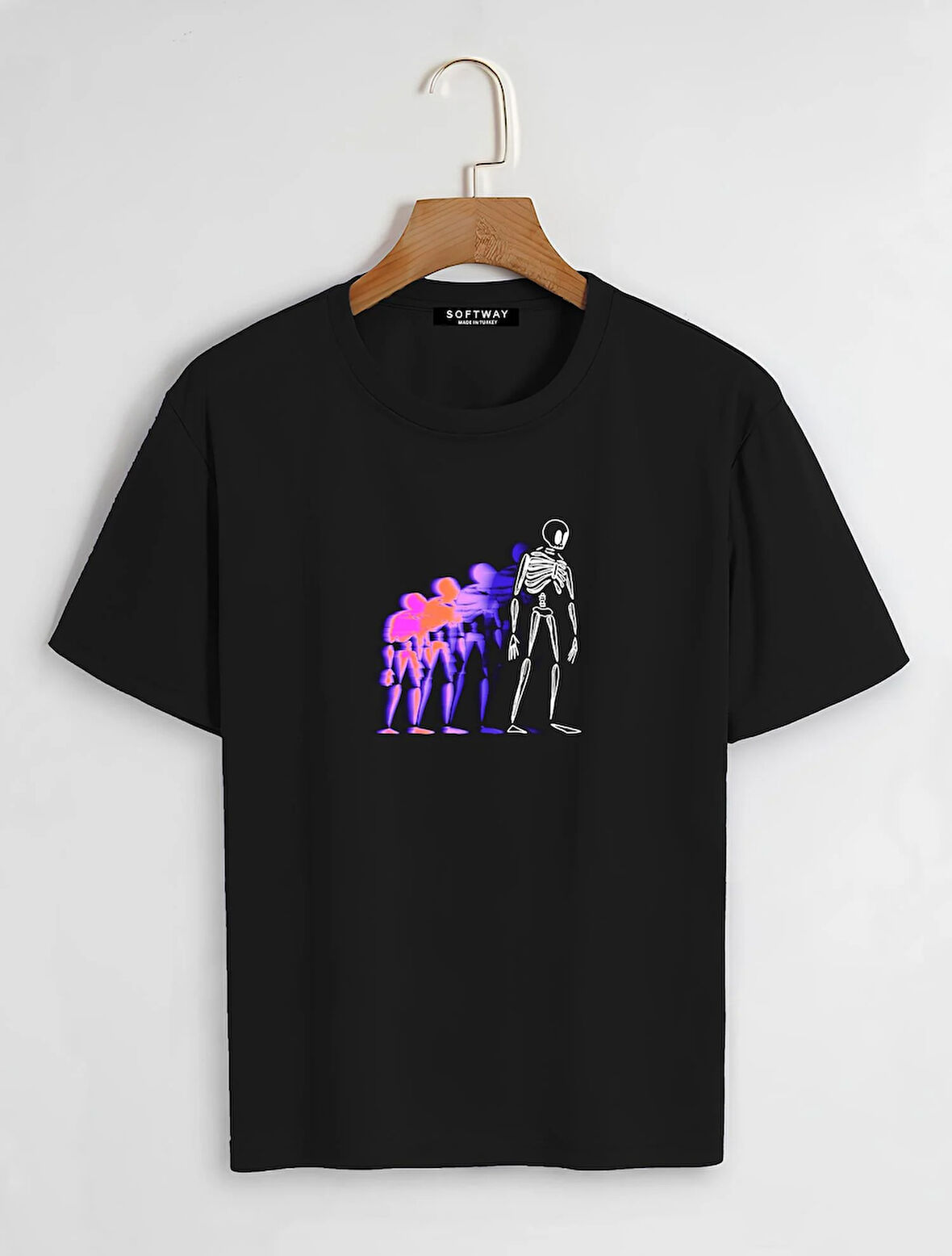Unisex Oversize Bisiklet Yaka Colorful Skeleton Baskılı Basic T-Shirt - SİYAH