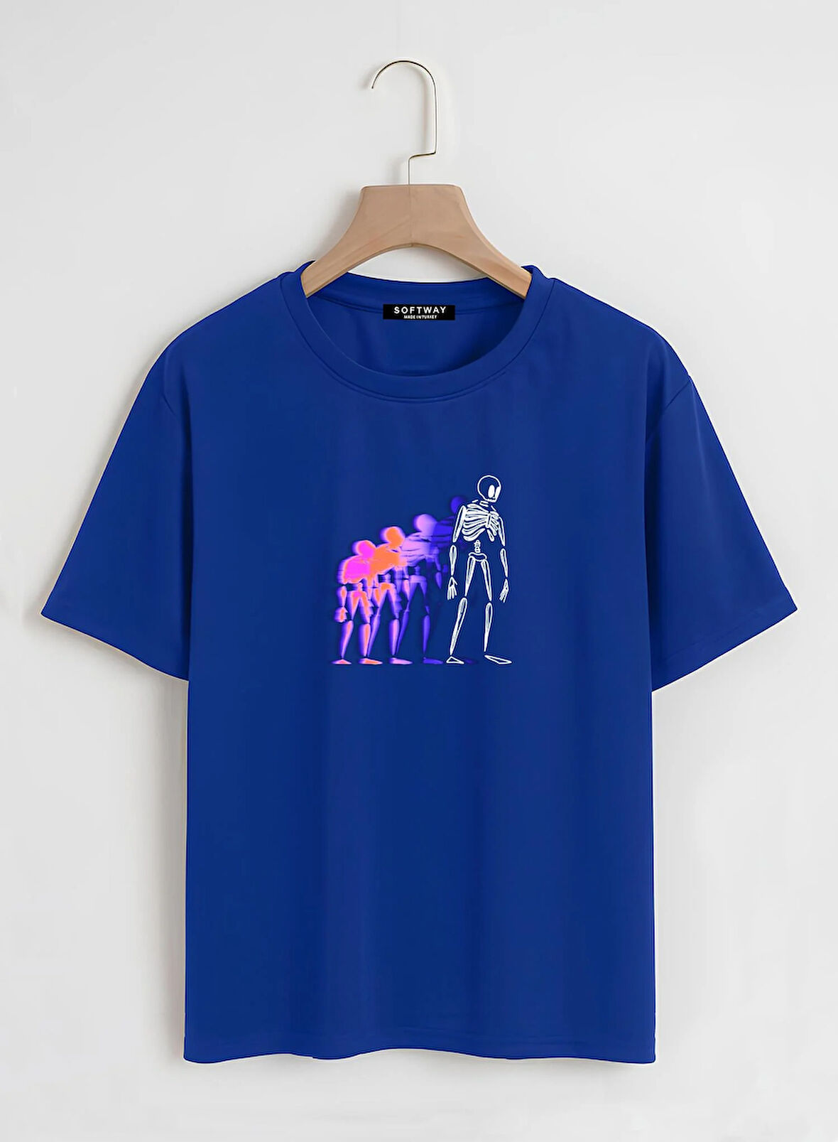 Unisex Oversize Bisiklet Yaka Colorful Skeleton Baskılı Basic T-Shirt - SAKS MAVİSİ