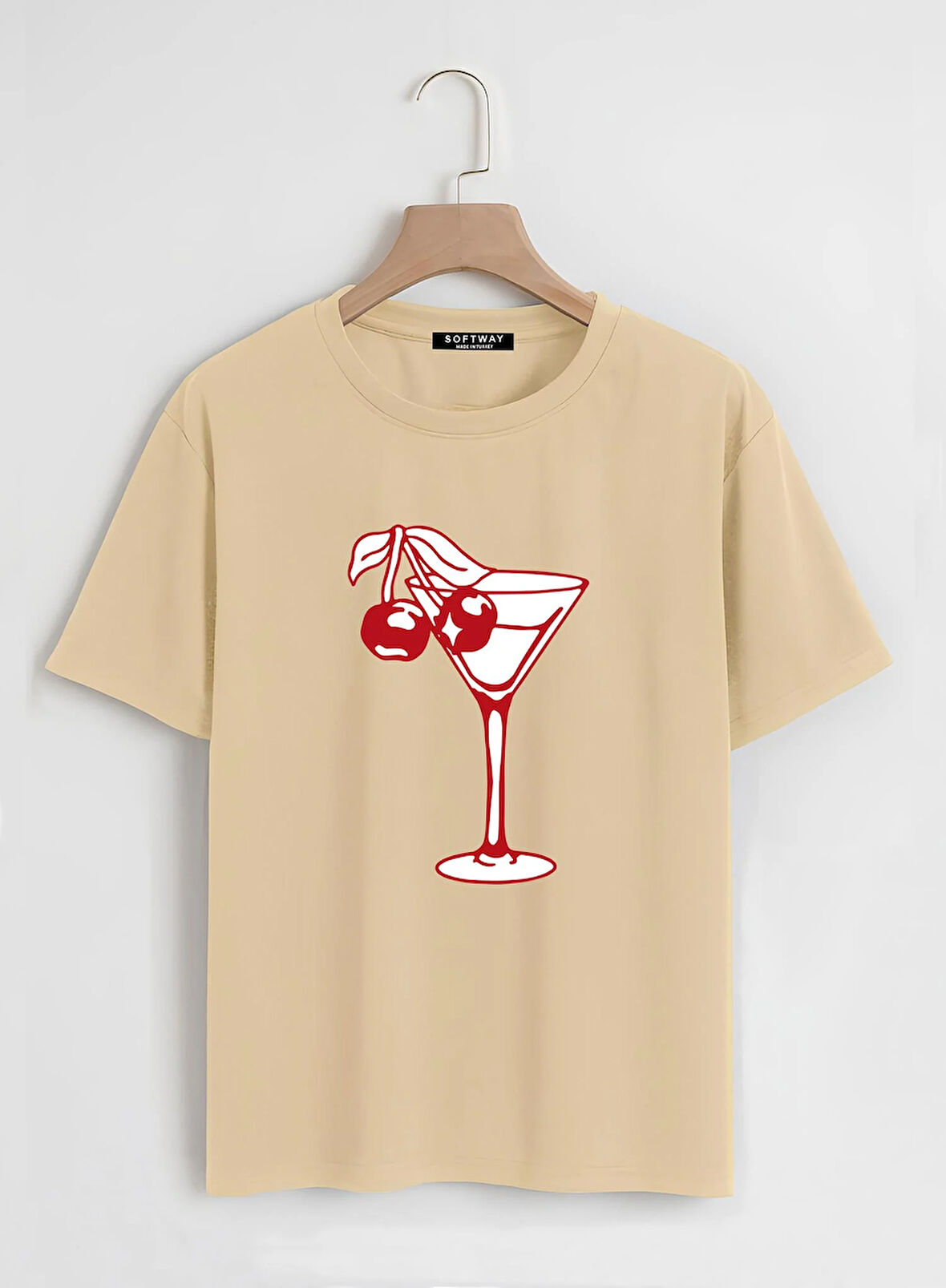 Unisex Oversize Bisiklet Yaka Cherry Cocktail Baskılı Basic T-Shirt - BEJ