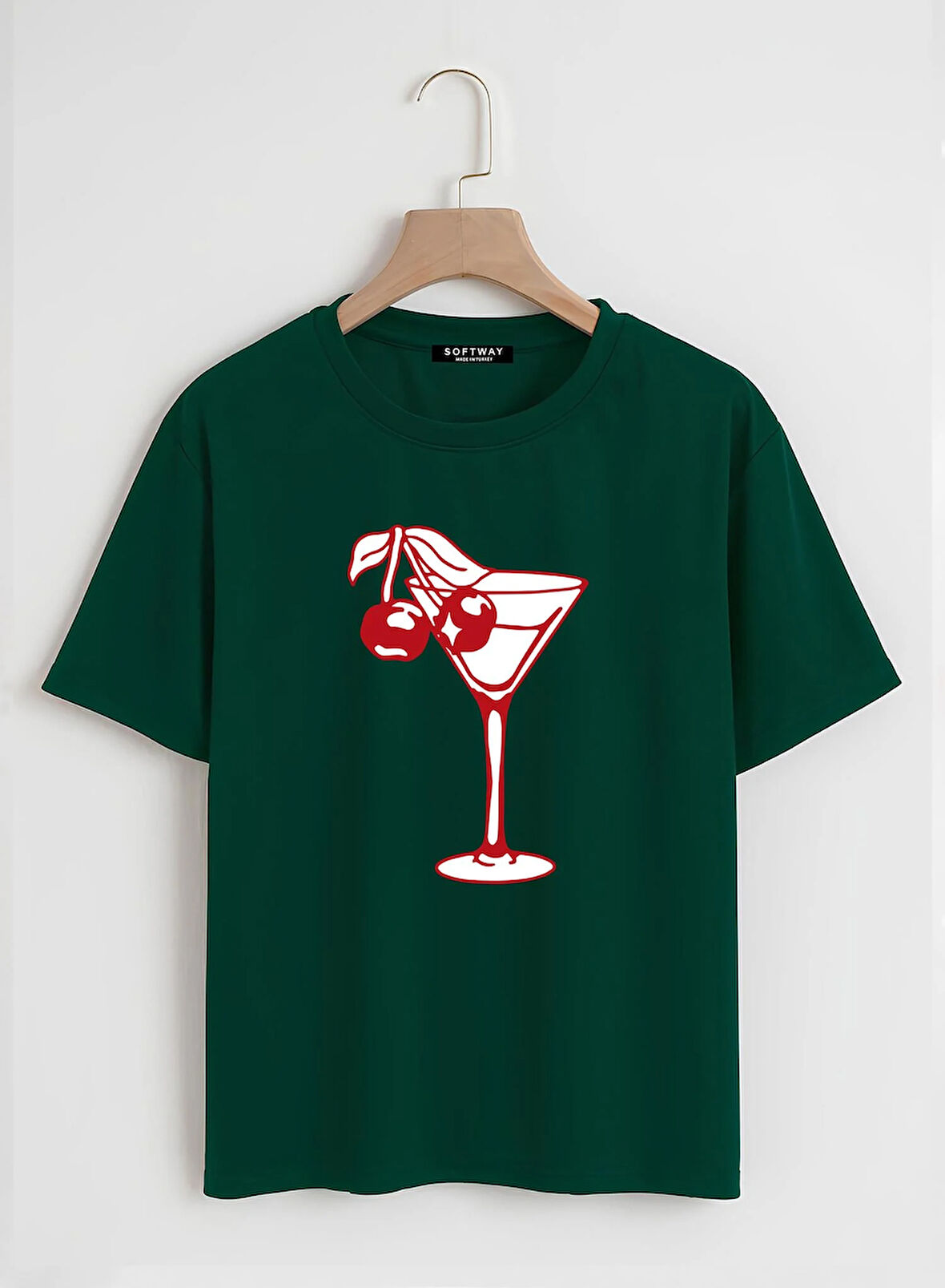 Unisex Oversize Bisiklet Yaka Cherry Cocktail Baskılı Basic T-Shirt - KOYU YEŞİL