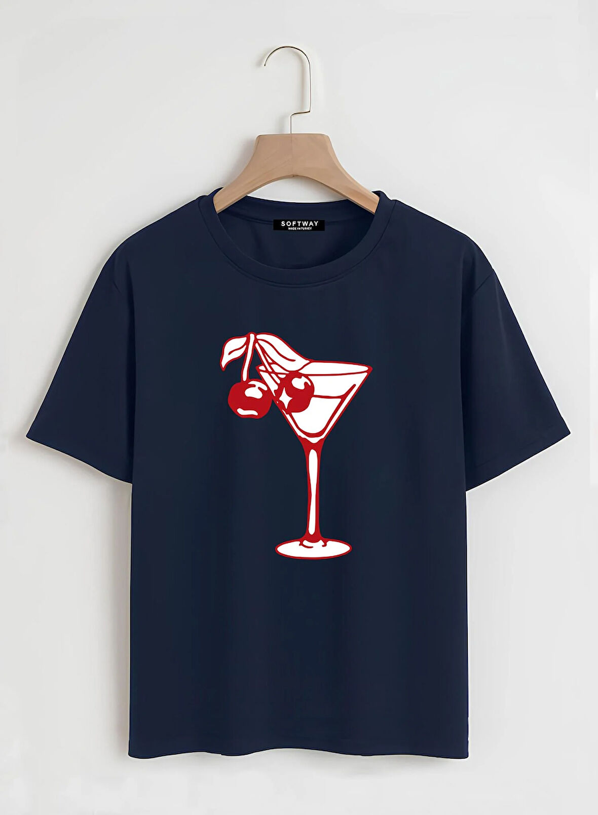 Unisex Oversize Bisiklet Yaka Cherry Cocktail Baskılı Basic T-Shirt - LACİVERT