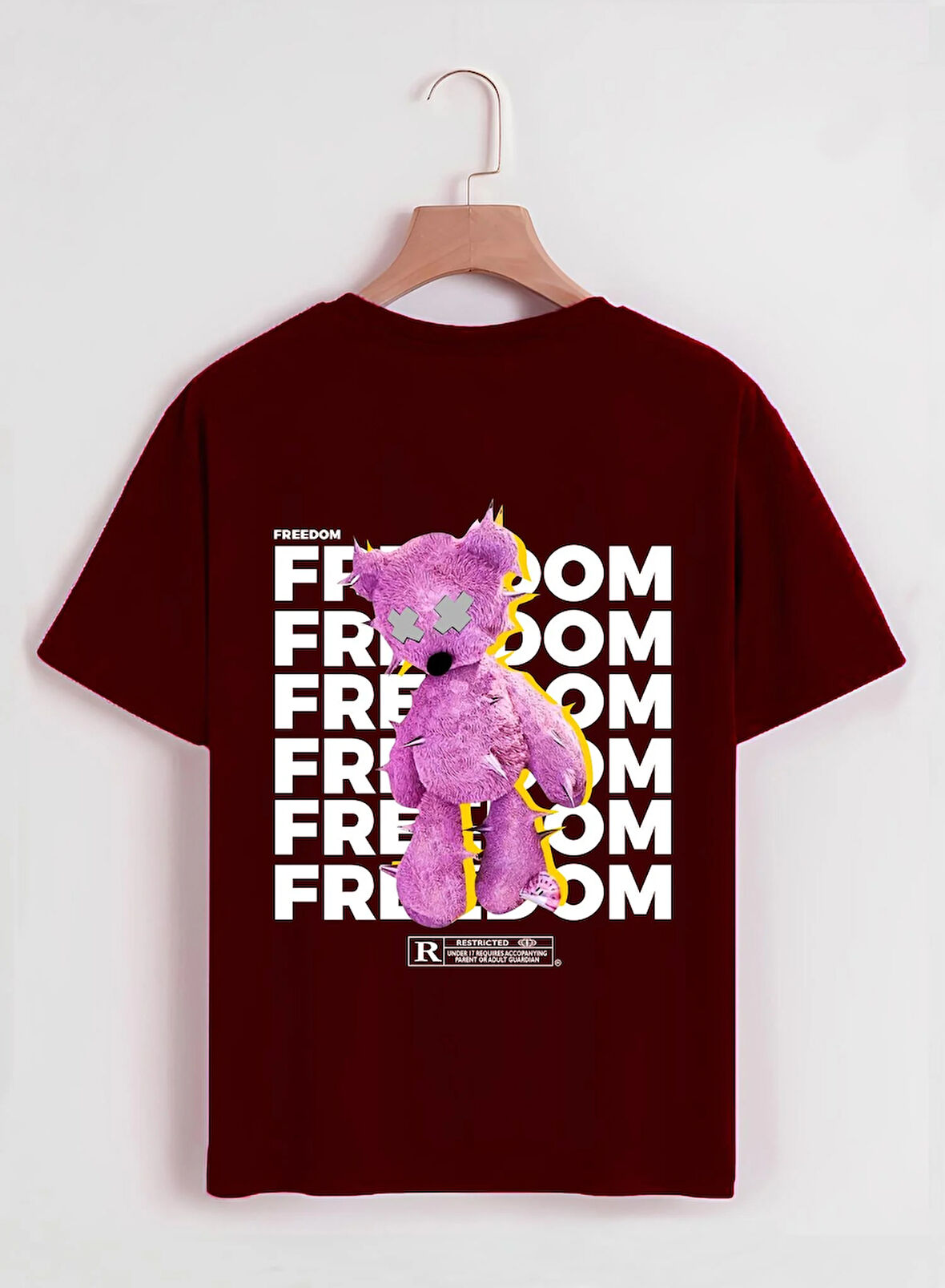 Unisex Oversize Bisiklet Yaka Freedom Baskılı Basic T-Shirt - BORDO