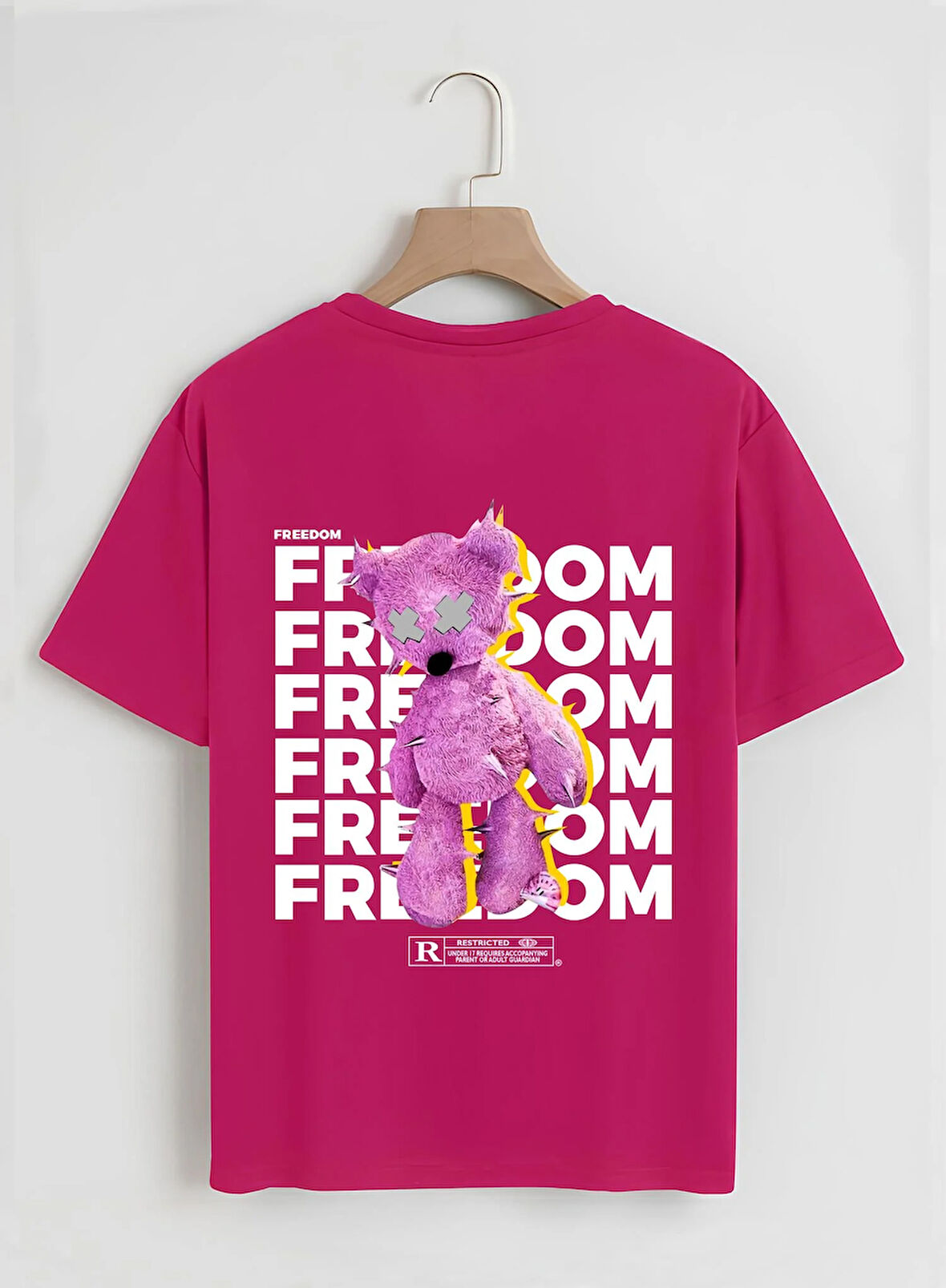 Unisex Oversize Bisiklet Yaka Freedom Baskılı Basic T-Shirt - FUŞYA