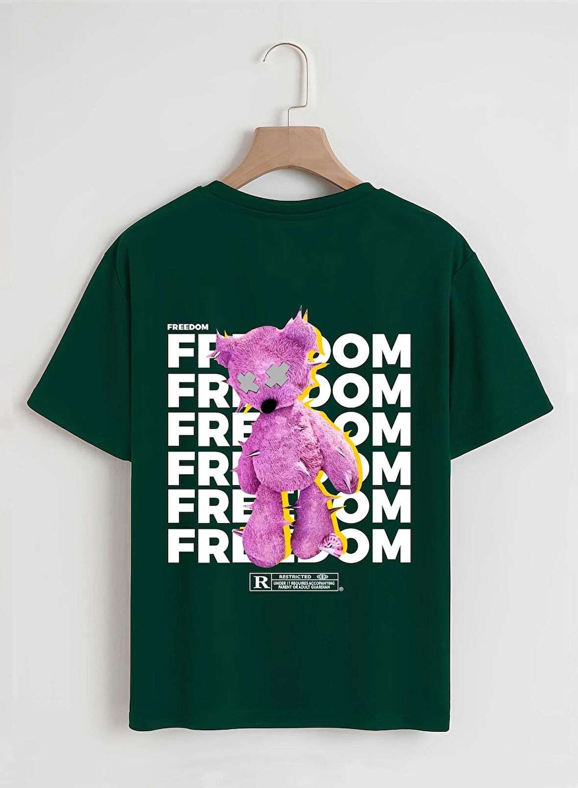 Unisex Oversize Bisiklet Yaka Freedom Baskılı Basic T-Shirt - KOYU YEŞİL