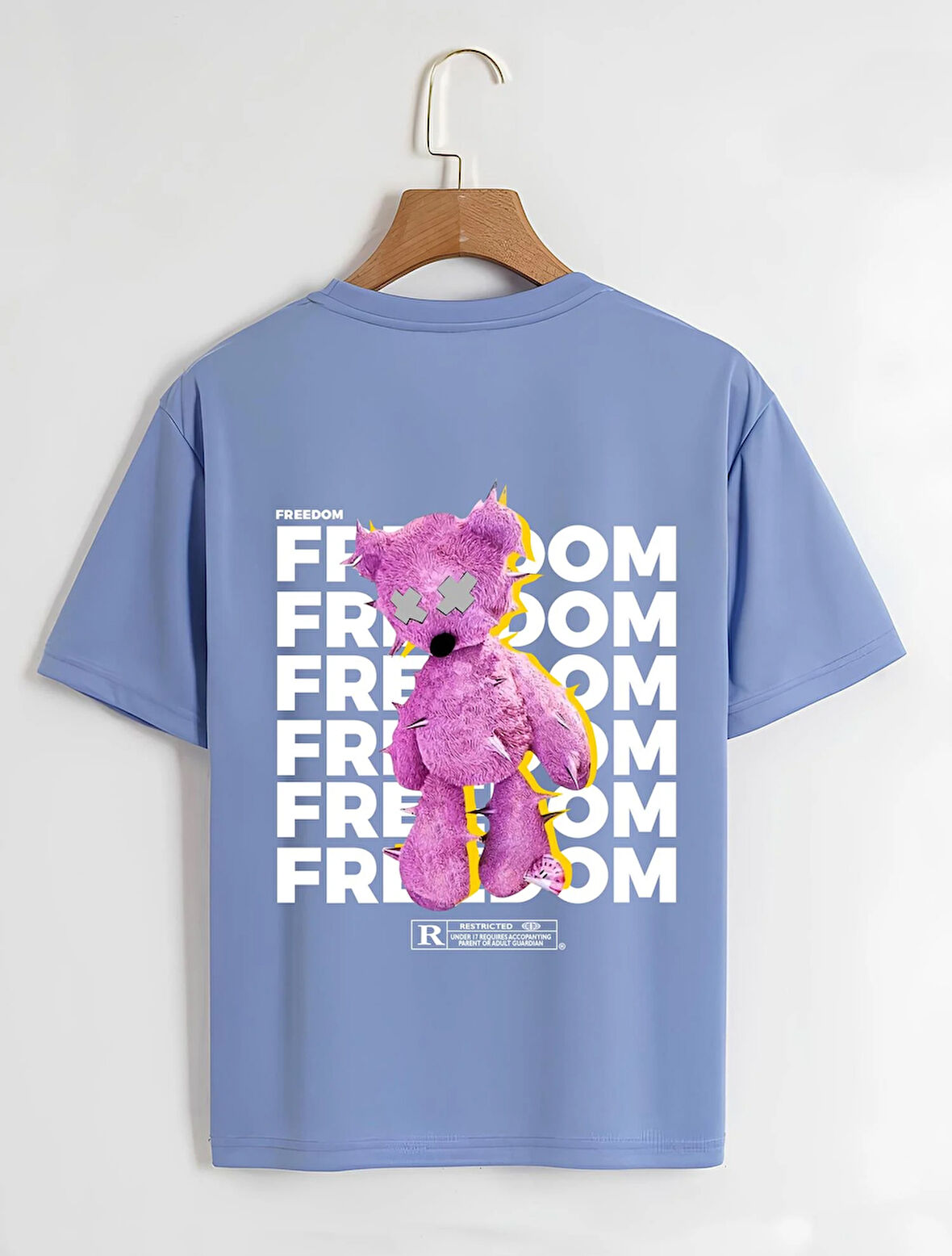 Unisex Oversize Bisiklet Yaka Freedom Baskılı Basic T-Shirt - MAVİ